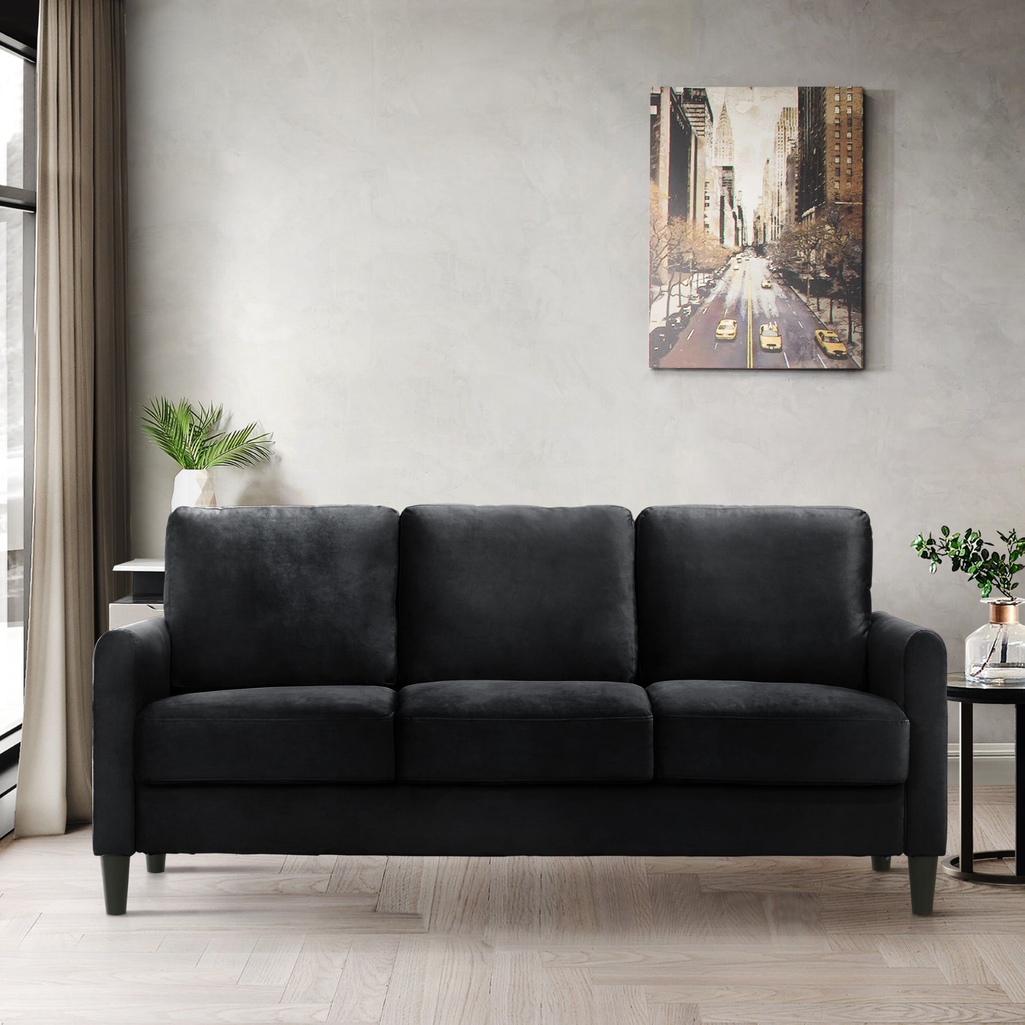 Home Design 30027-341 Airell 74.4-in Modern Black Velvet 3 -seater Sofa