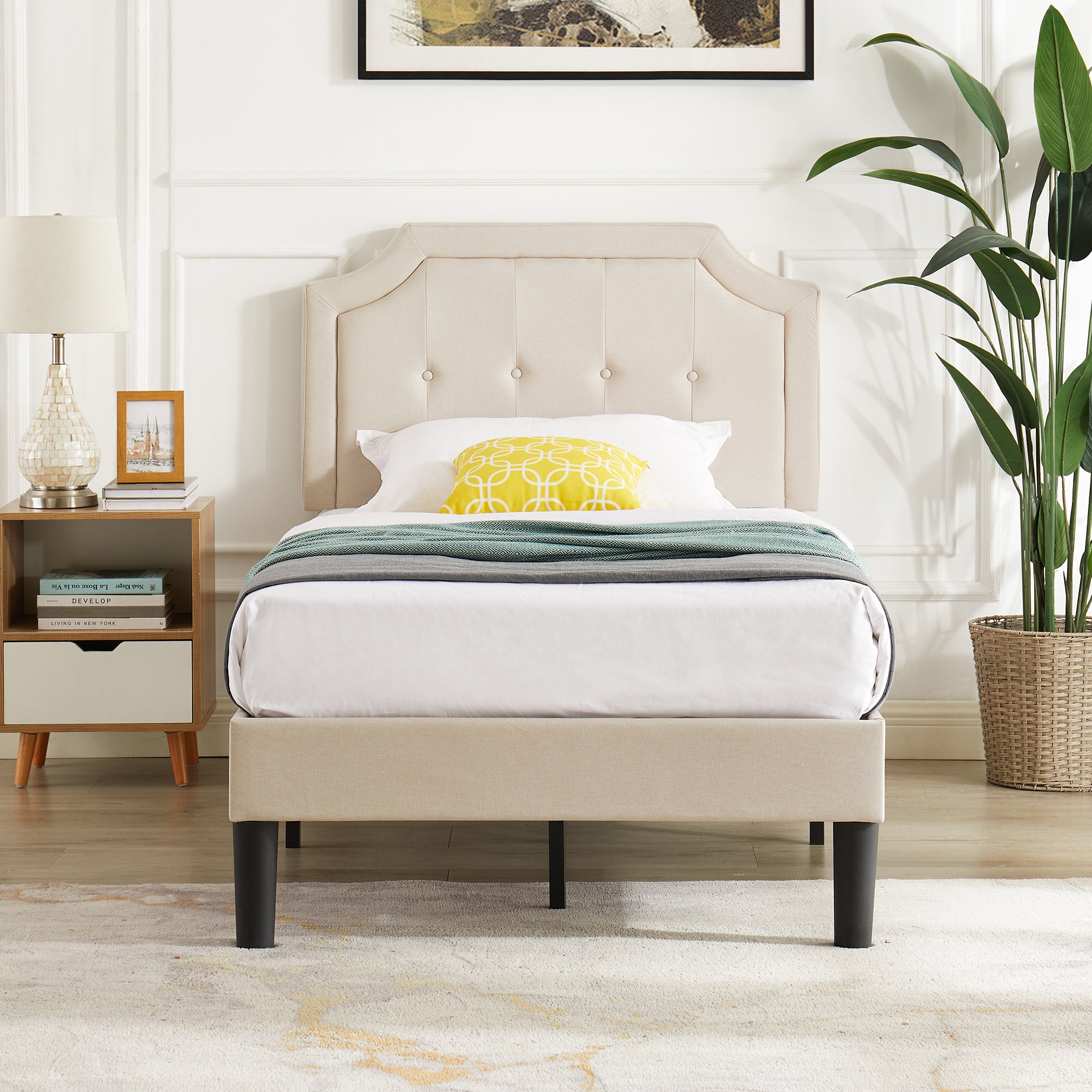 Vecelo LOE-BTJ-RT02-BGE Upholstered Bed Frame Twin Size Button Tufted Platform with Adjustable Headboard Beige