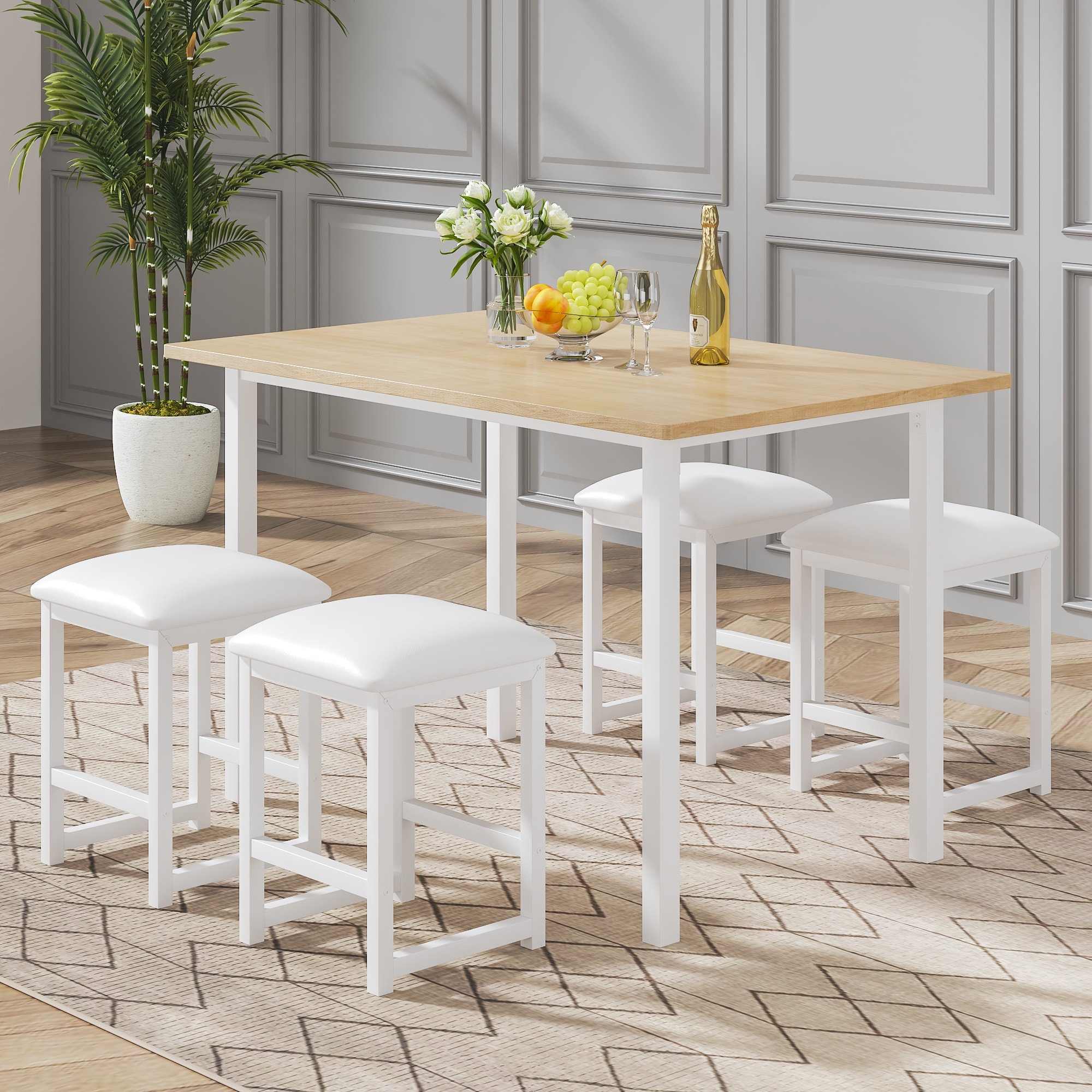 Vecelo - 5 Piece Dining Table Set for 4 Modern Industrial Kitchen Table and PU Leather Stools Spa...