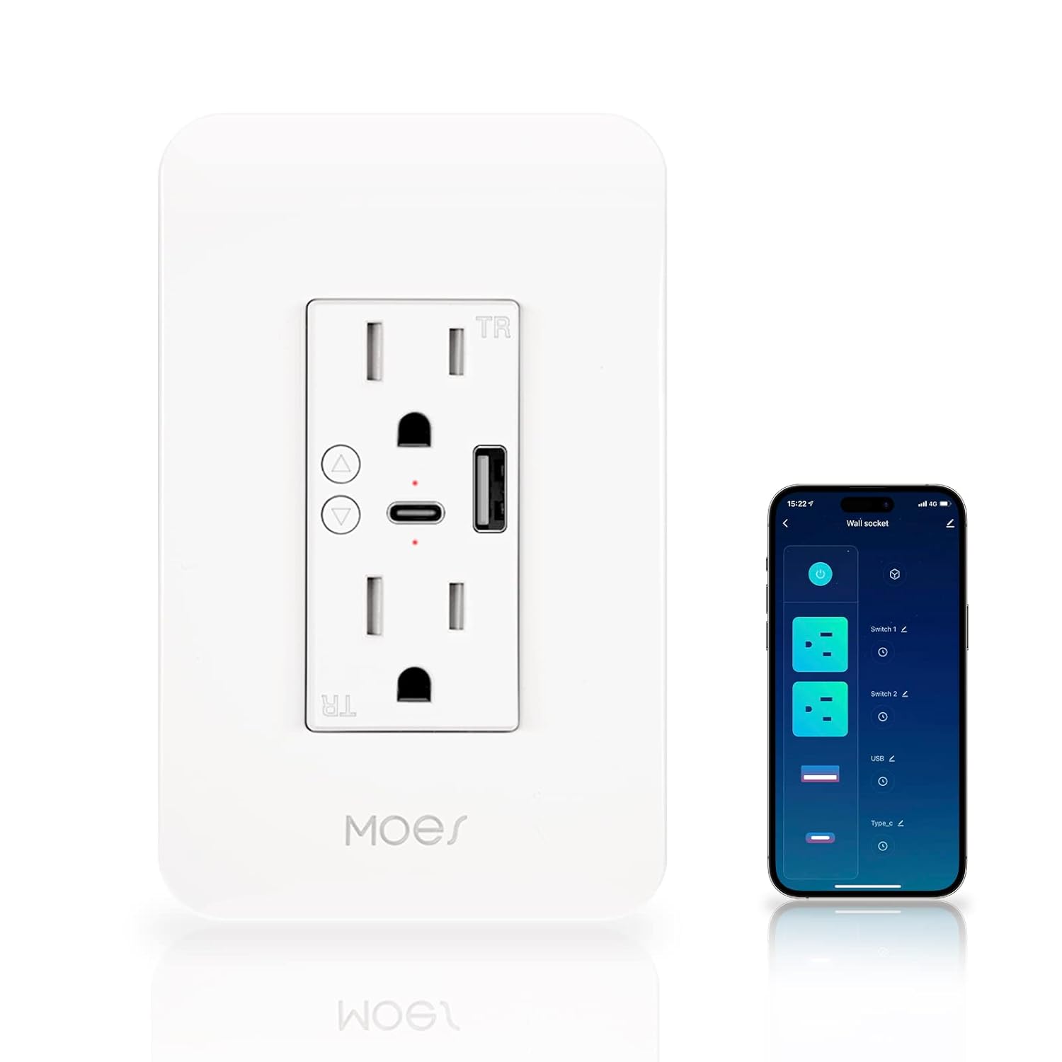 MOES  Smart USB Wall Outlet Receptacle with Type C Type A Charger  Wi Fi in Wall Plug Socket Remote Individual Control On Off 15Amp NO Hub Required