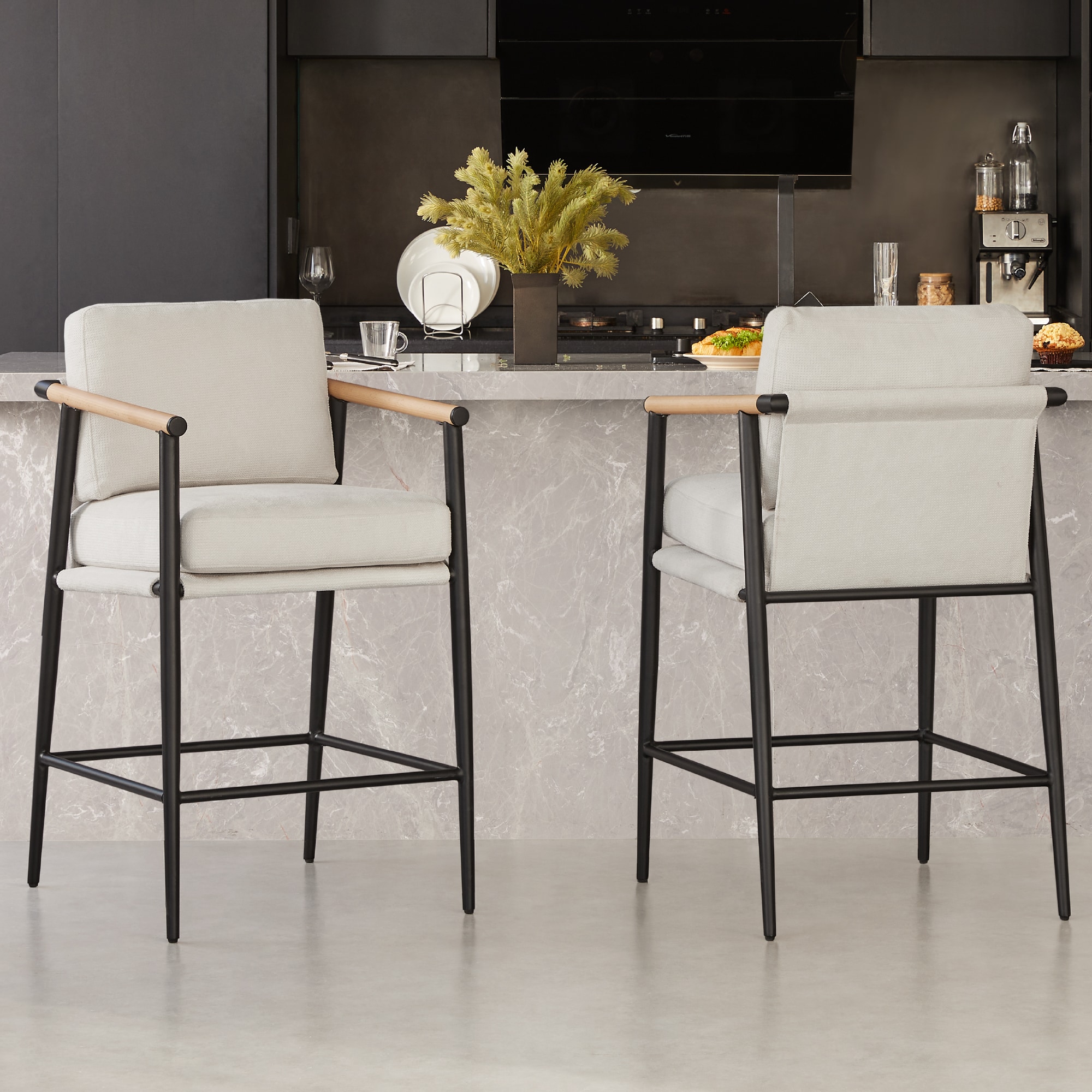 Circle 55 LWSBS72019-ENJOY100 2 -Set Gardenia 27.2-in H Counter height Square seat Upholstered Wood Bar Stool with Arms and Back