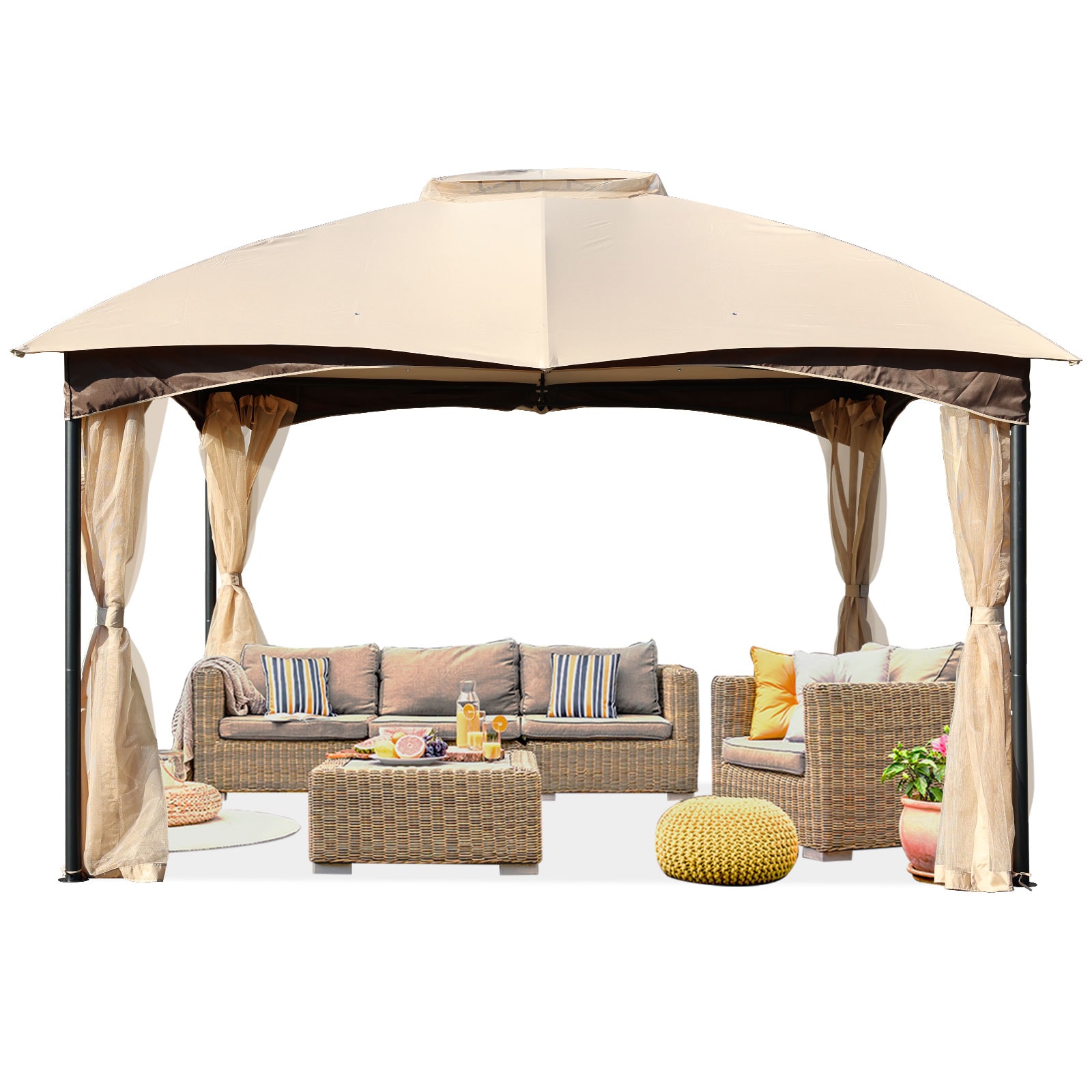 Aoodor A035-PBKKI 12-ft x 12-ft Gazebos Brown with Soft Top Roof (Screen Included)