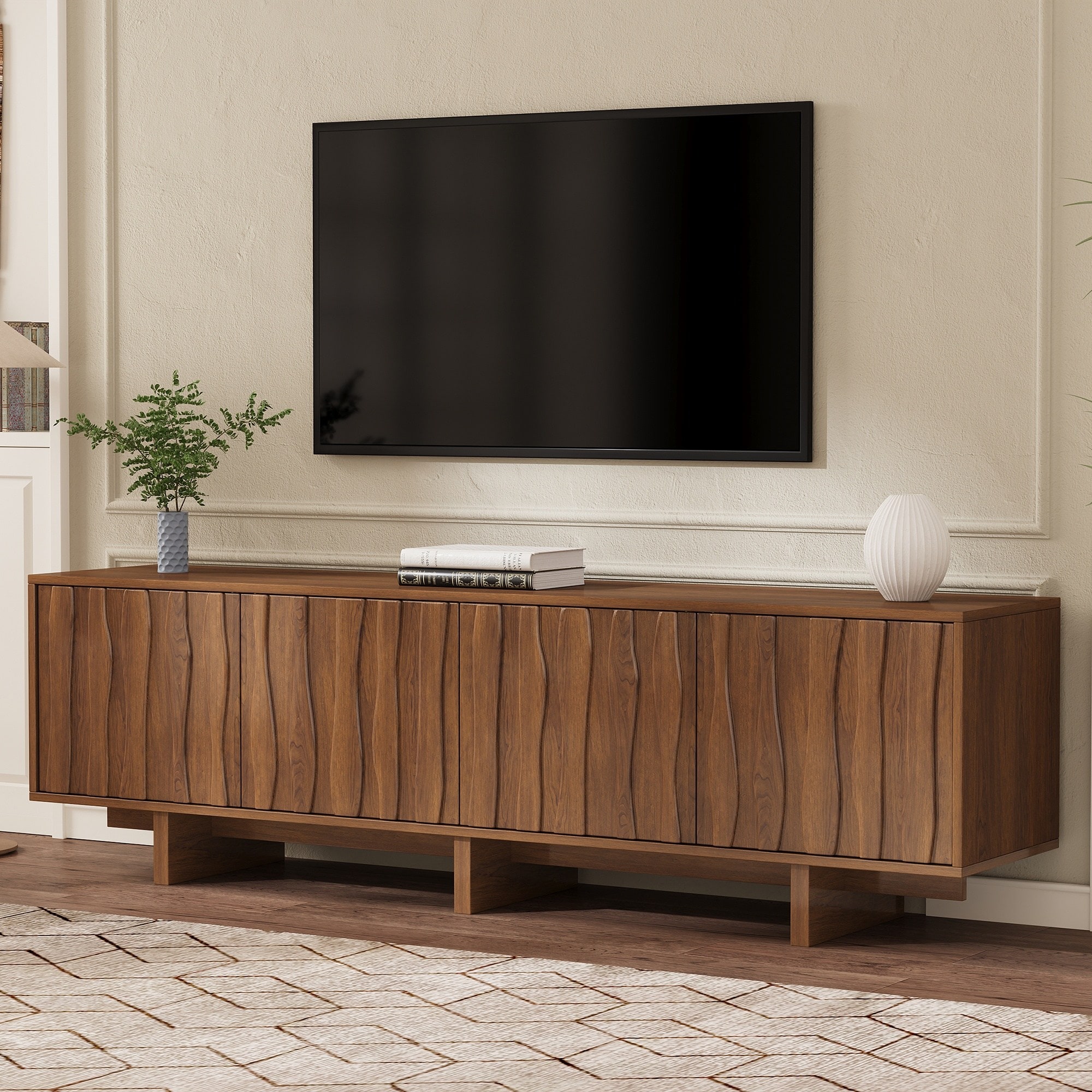 Horizons Prime 70 inch Walnut Wood Grain TV Stand with Wavy Door for TVs up to 75 inch with Ample Storage and Cable Management