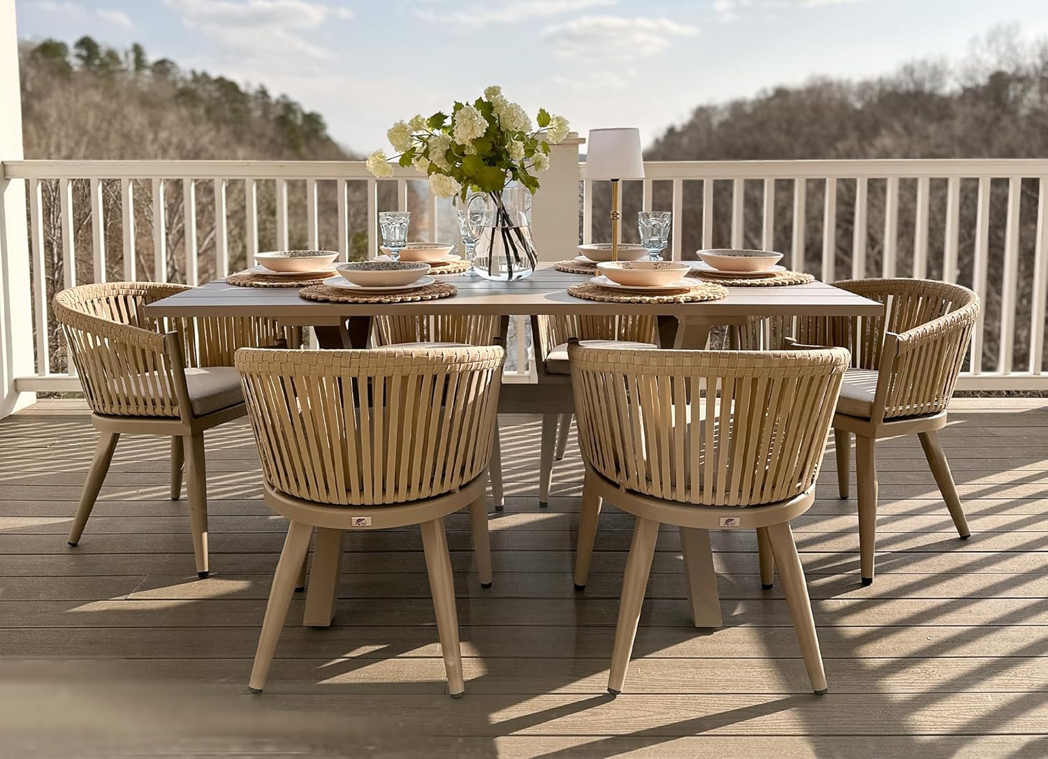 PURPLE LEAF LS03-OL07-160-CP 7 -Piece 7 pieces-Rectangle Rattan Patio Dining Set Aluminum Rectangle Table with 6 Yellow Cushions Stationary Chairs