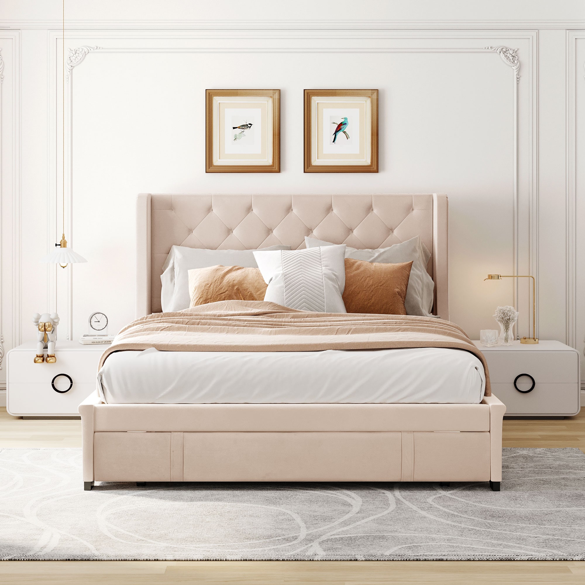 JIMSMAISON JMLFFB01BEG Beige Queen Wood Upholstered Bed with Storage
