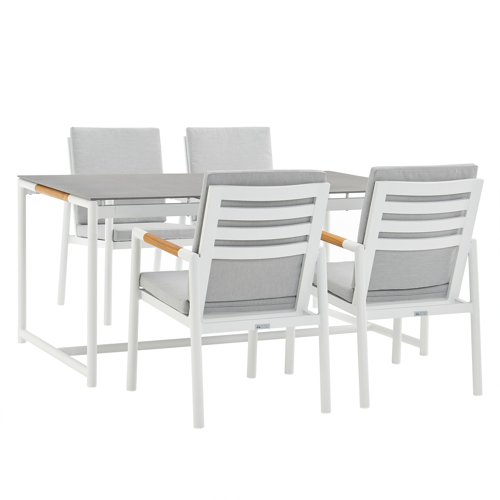 Armen Living SETODCRDIWH5 5 -Piece White Patio Dining Set Aluminum Rectangle Table with 4 White Cushions Stationary Chairs