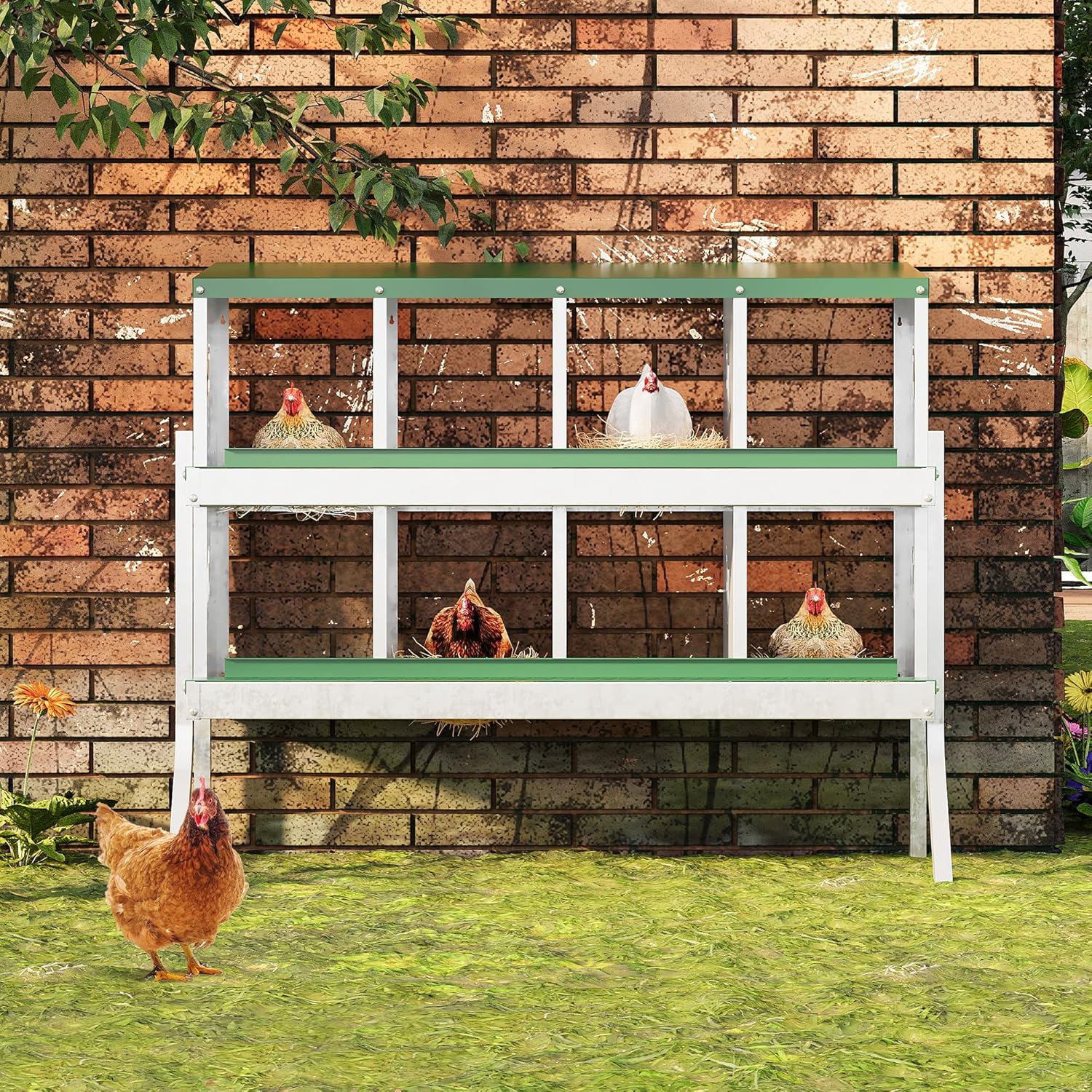 Qeetex GGL-PHO-348SBXYK 8-Hole Green With Stand Chicken Nesting Box  Chicken Nesting Box with Legs  Metal Chickens Laying Boxes with Perch  Metal Roll Away Eggs Laying Boxes  Versatile Wall Mount for Chickens