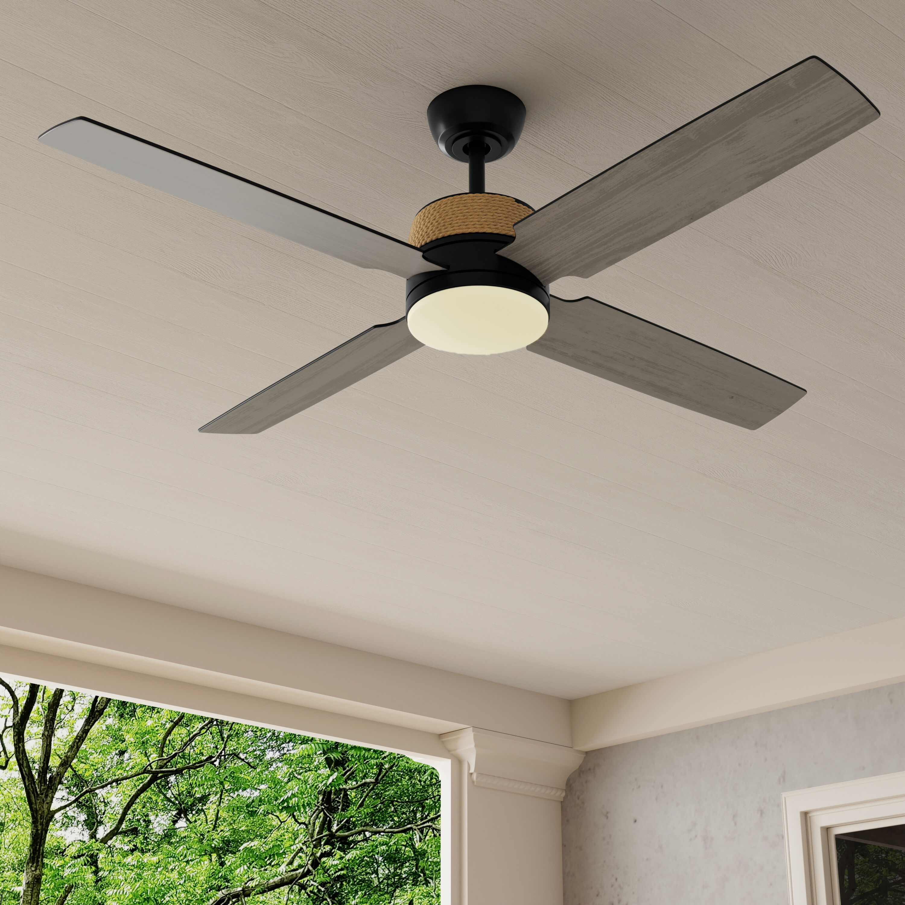 Progress Lighting P250097-31M-30 Shaffer II 56-Inches Matte Black with Rustic Charcoal/Matte Black Blades Integrated LED Fixture Indoor/Outdoor Downrod mount Standard Ceiling Fan With Light and Remote ( 4 -Blade)