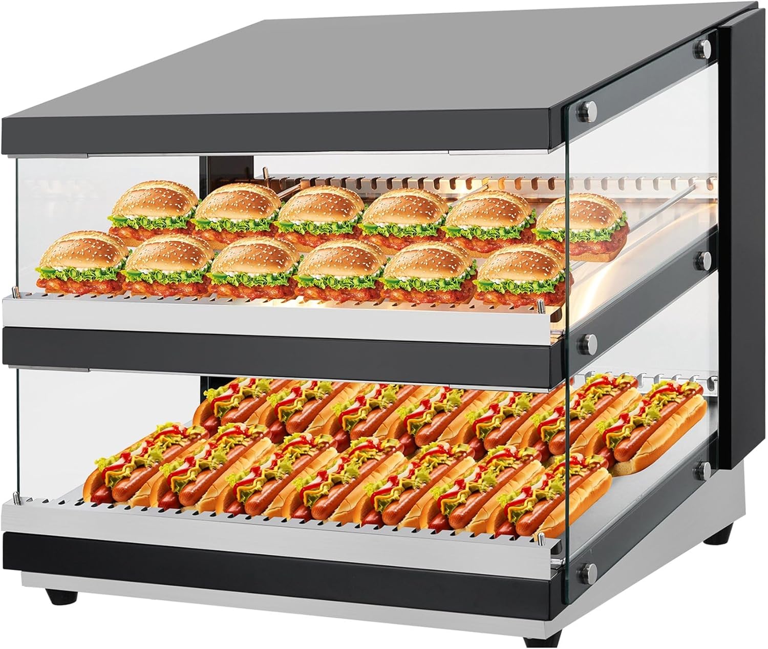 Qeetex YHC-153QKSOC 1pcs 21in 24in Glass Coated Steel Plate Countertop Trapezoidal Commercial Food Warmer Display Case with 3 Tier Glass Sliding Doors Adjustable Shelves Electric Heated HW-65