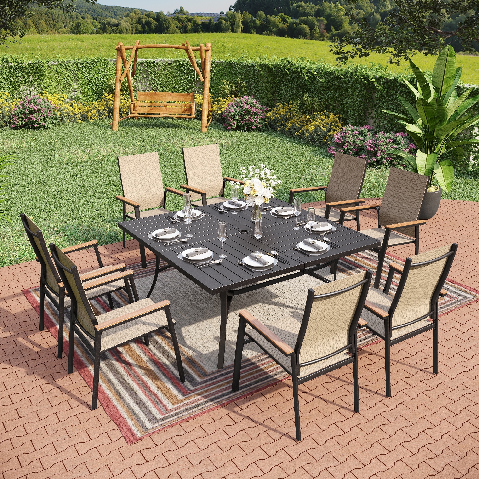 Sunshine Valley S9-321E-452 9 -Piece Black Patio Dining Set Steel Square Table with 8 Beige Stationary Chairs