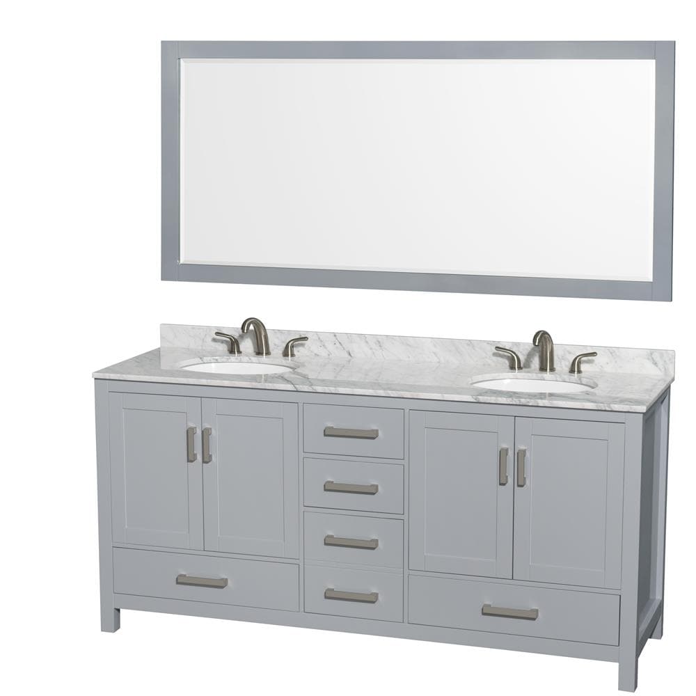Wyndham Collection WCS141472DGYCMUNOM70 Sheffield 72-in Gray with Brushed Chrome Trim Undermount Double sink Bathroom Vanity with White Carrara Marble Natural marble Top (Mirror Included)