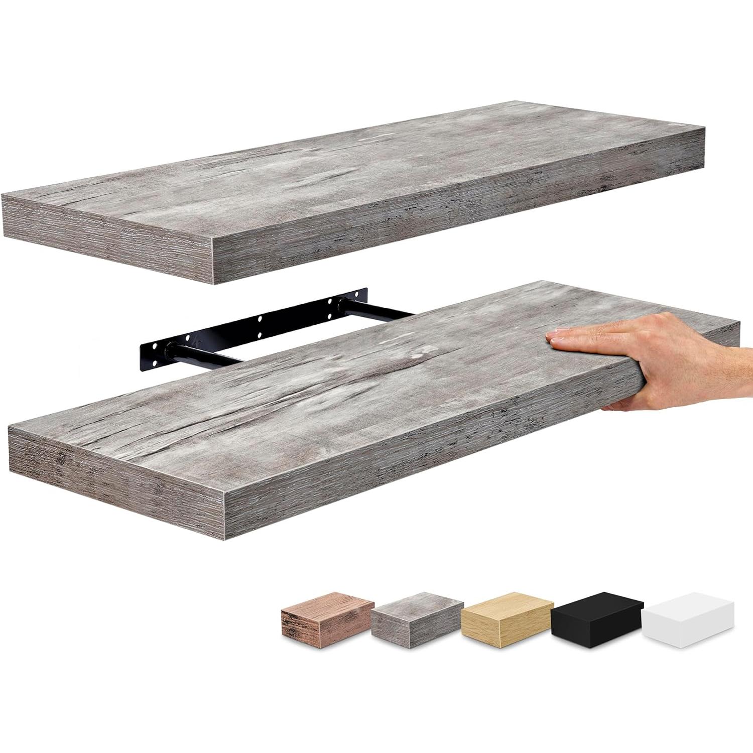 SORBUS WD-FLT-GRW 23.75-Inches L x 9.25-Inches D x 1.5-Inches H Gray Wood Rectangular Floating shelf 2 Decorative Shelves