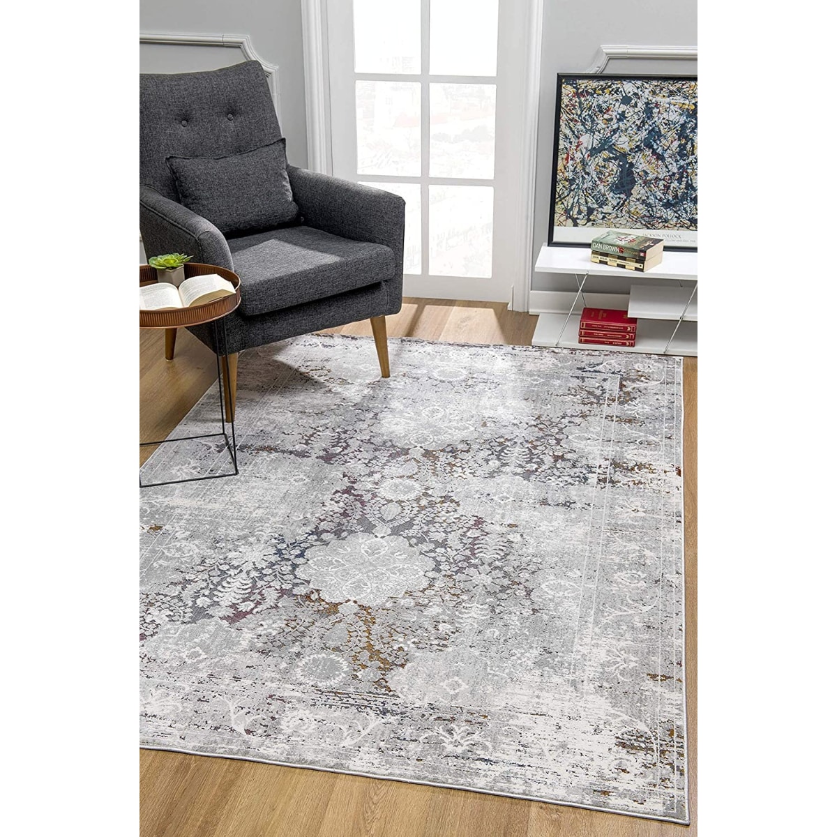 HomeRoots 4000391815 5 x 8 (ft) Polyester Grey Rectangular Indoor Medallion Area rug