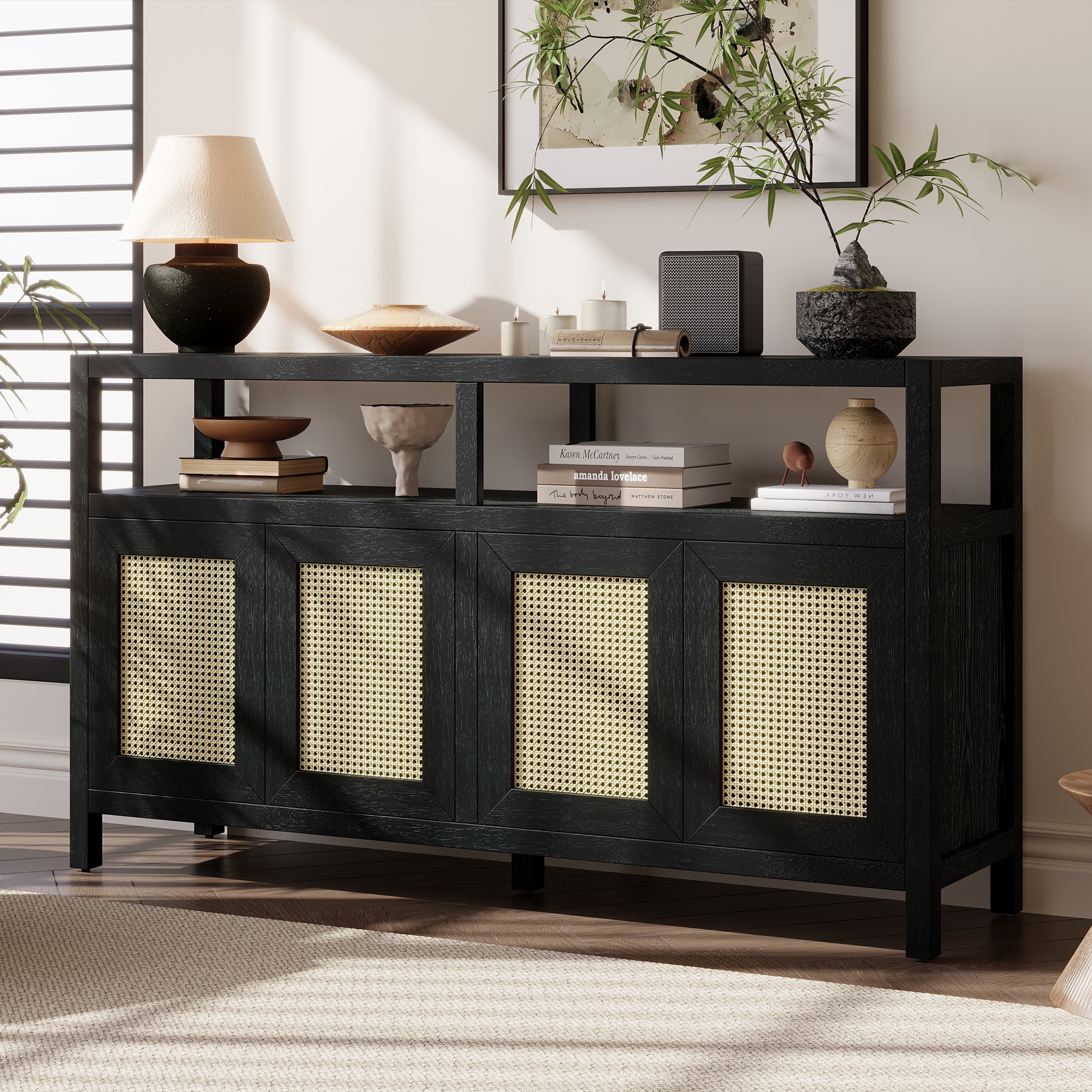 GDFStudio 339275 Buffet Cabinet Solid Wood Rattan Push to Open Adjustable Shelves Black
