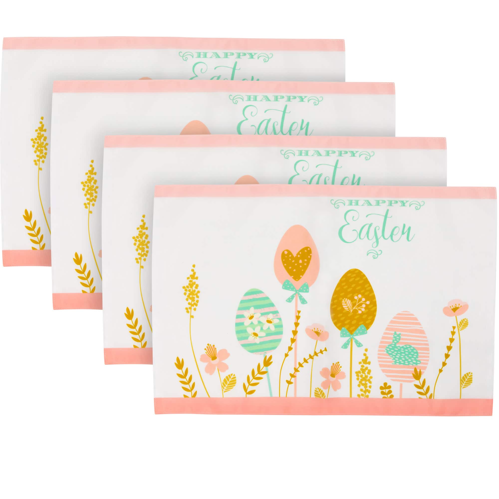Northlight Pastel Eggs Happy Easter Floral Placemats - 18 inch - White and Pink - Set of 4