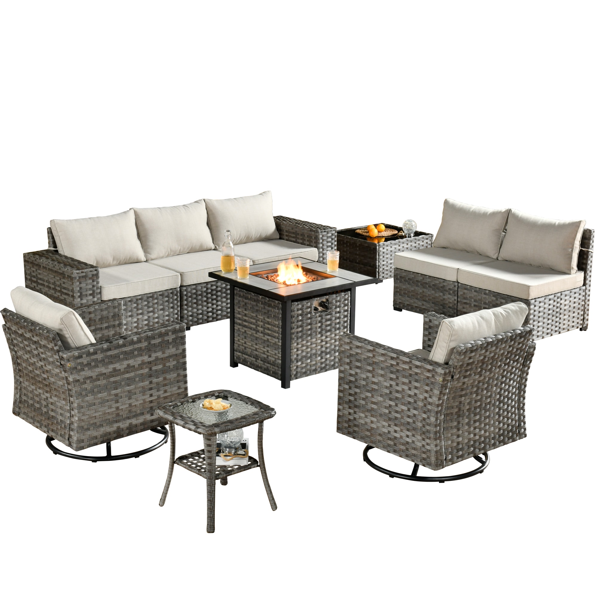 Pouuin SFPGNTC7042R 5 Piece Patio Conversation Set with Cushions with Fire Pit