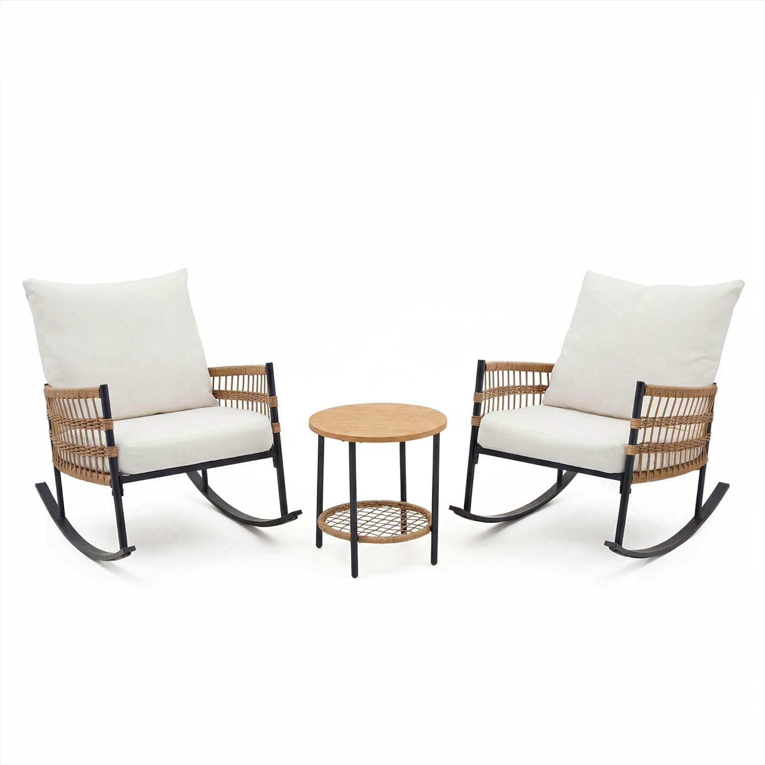 LAUSAINT HOME 3-Piece Patio Rocking Chairs Set Outdoor Patio Furniture with Thick Cushions All-Weather Rattan Bistro Sets and 2-Tier Coffee Table for