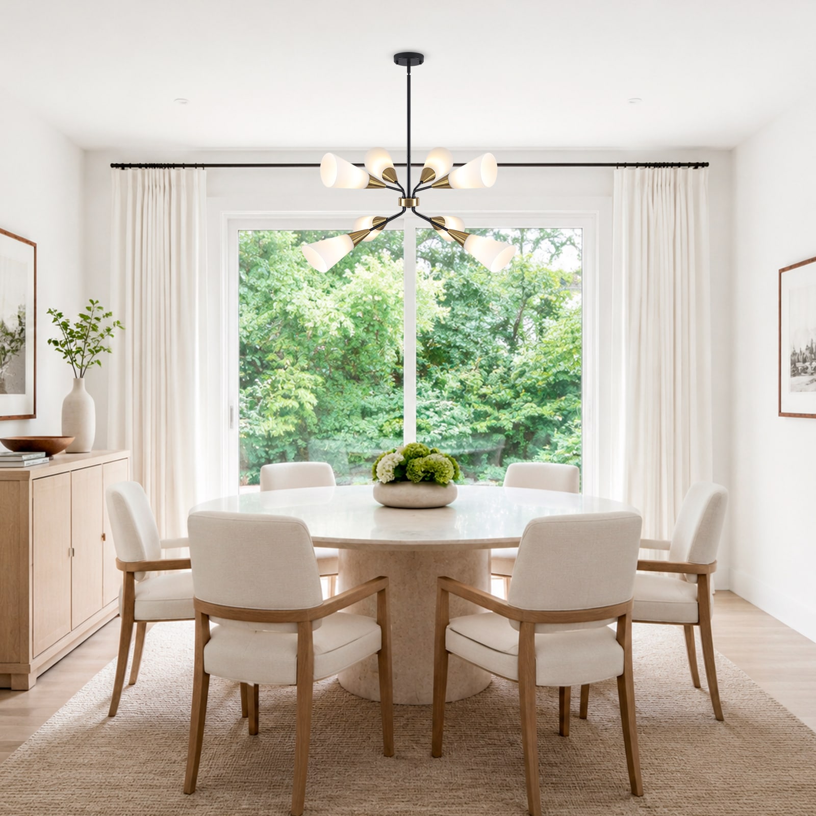 Derynth - Astravelle 38.58-in 8-Light Matte Black and Natural Brass Modern Milky White Glass Sput...