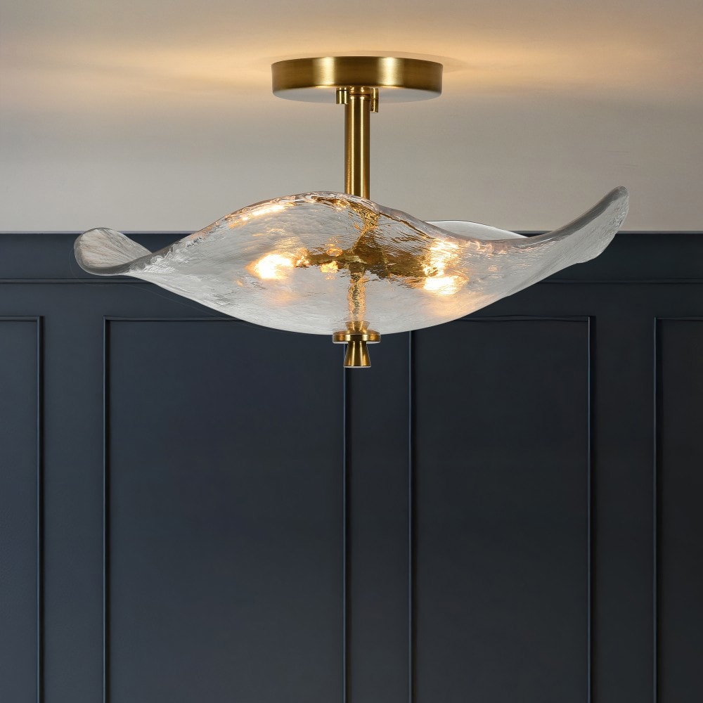 Basdien 16 in Gold Glass Semi Flush Mount Ceiling Light Fixture Close to Ceiling Light Modern Design Bedroom Bathroom Hallway Entryway Kitchen Dining Room Iron Glass Cracked Petal Glass Shade Dimmable Easy Install Pre Wired Connections Premium