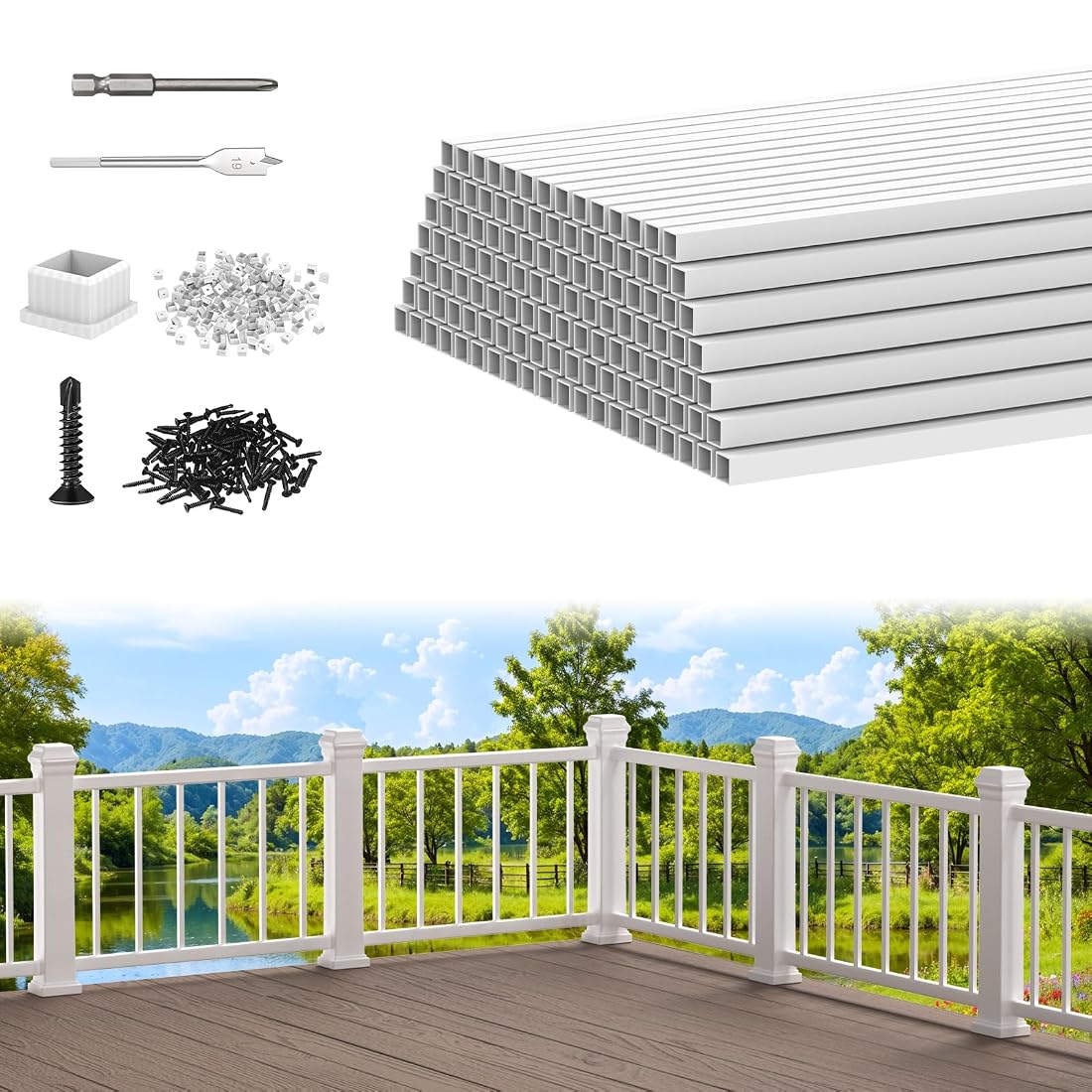 Aoibox  26 in White Square Aluminum Deck Balusters 120 Pack with Connectors and Screws 3 4 in Diameter Hollow
