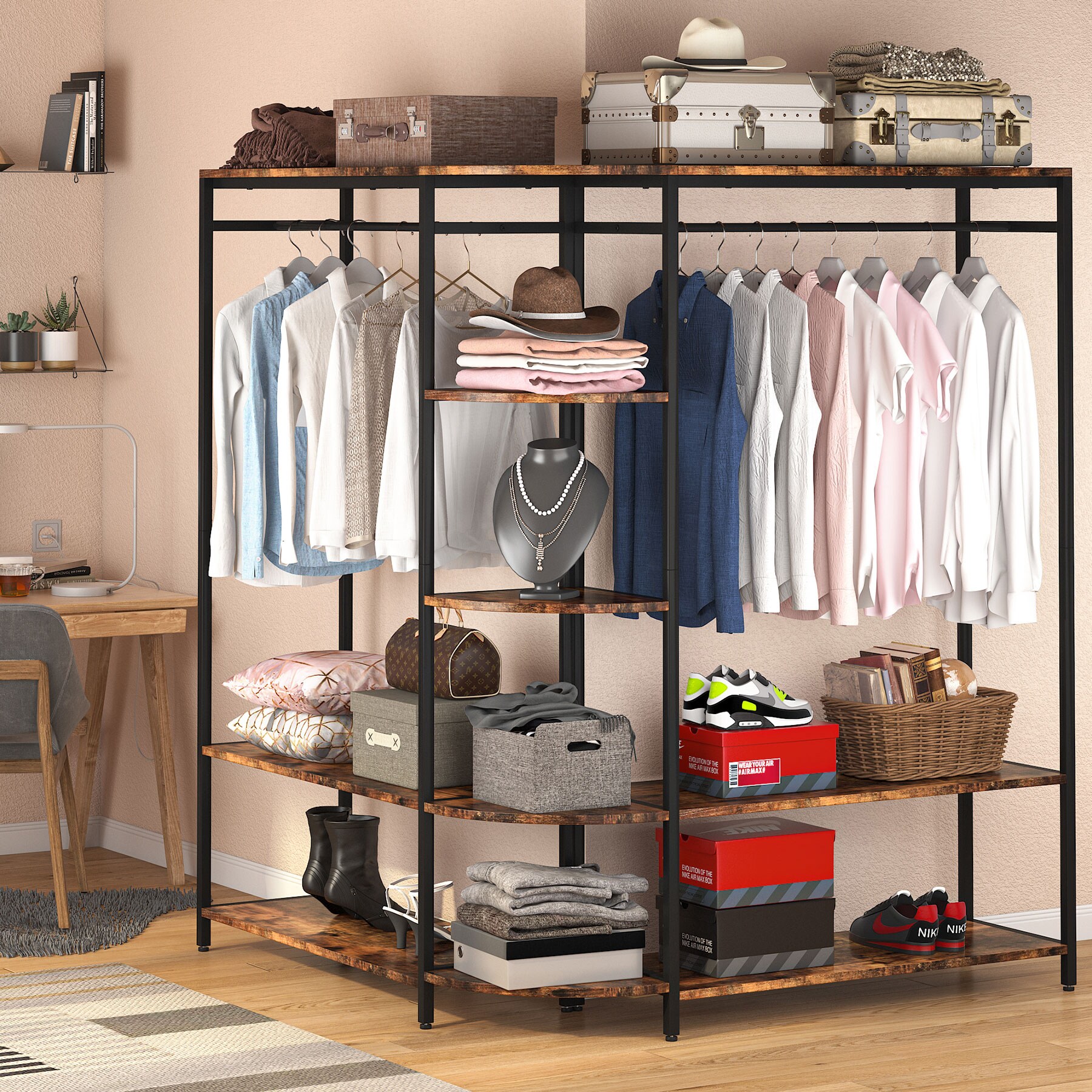 Tribesigns Brown Steel Clothing Rack, 70.4-in Height, 500 lbs. Capacity, 11  Shelves, 2 Hanging Rods in the Clothing Racks & Portable Closets department  at