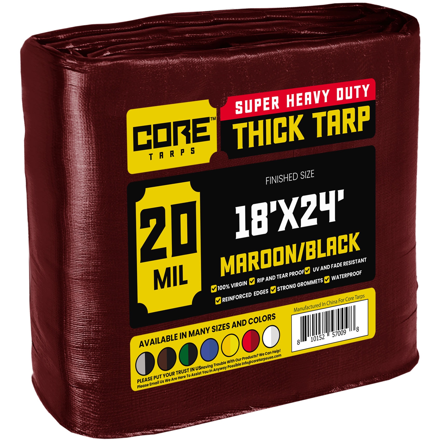 Core Tarps CT-707-18X24 18-ft x 24-ft Maroon Waterproof Commercial Polyethylene 20-Mils Tarp