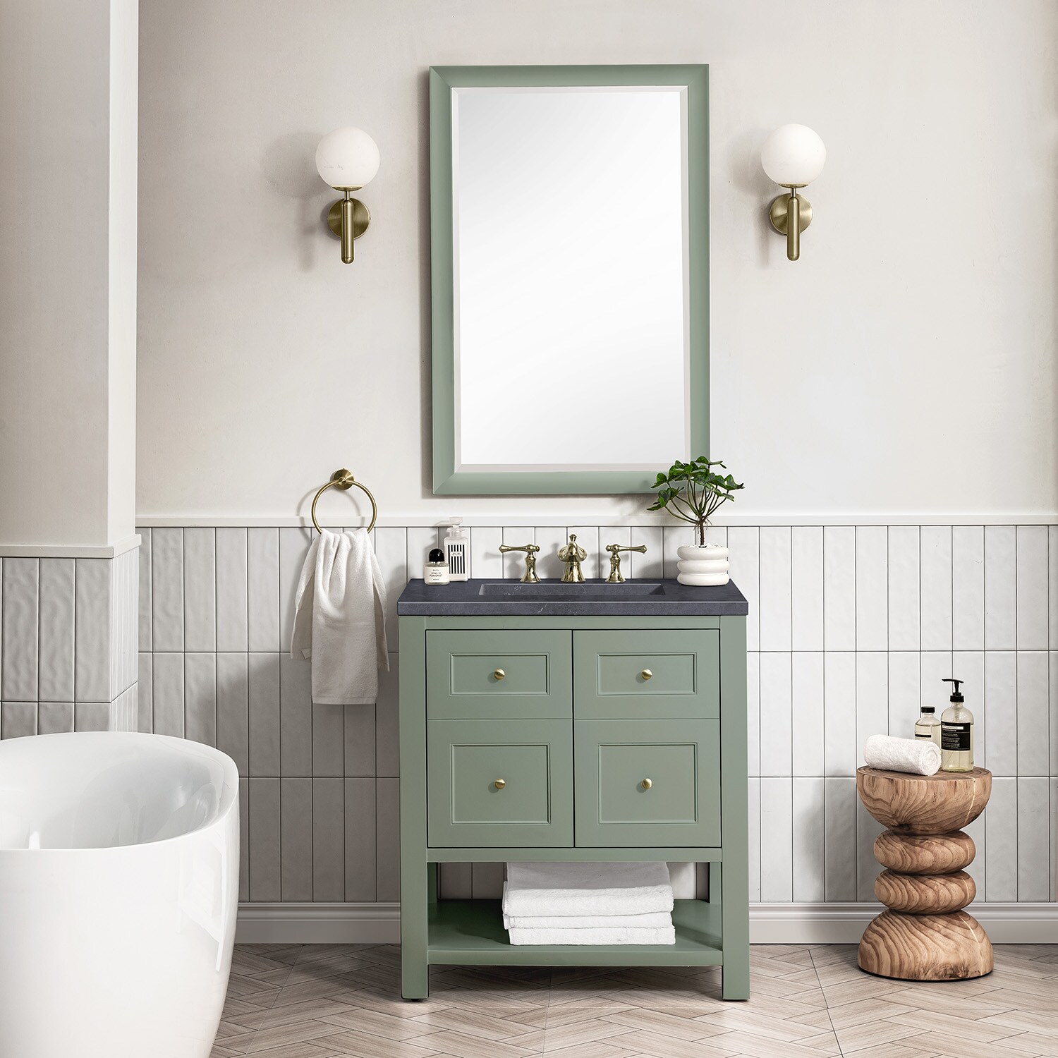 Smokey Celadon Solid Wood Single Vanity with Charcoal Soapstone Top