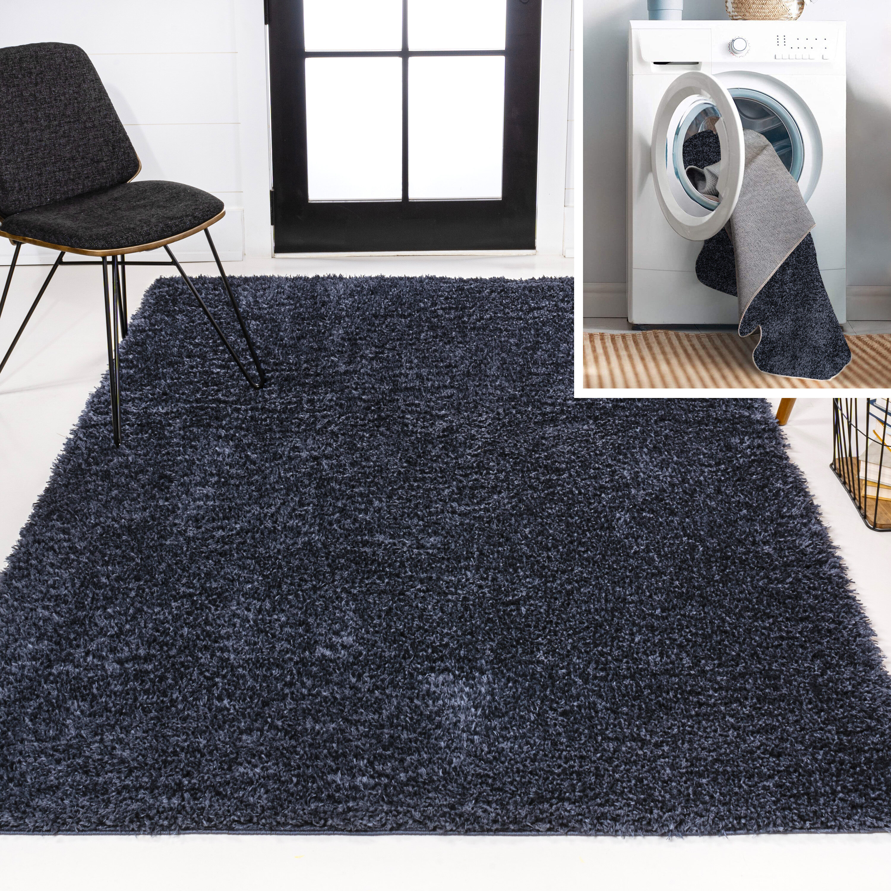 JONATHAN  Y WSH400D-3 WASHABLE Clayton Coastal Solid Glam Shag 3 x 5 (ft) Loomed Polyester Navy Rectangular Indoor Solid Coastal Machine washable Area rug