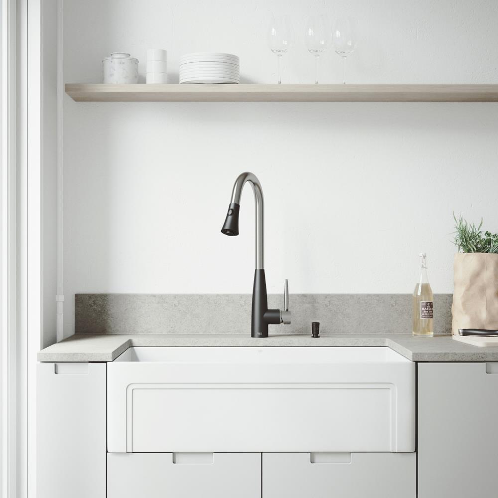 VIGO VG15496 Matte Stone Undermount Apron Front/Farmhouse 33-in x 18-in Stainless Steel/Matte Black Single Bowl Matte Stone Kitchen Sink All-in-one Kit