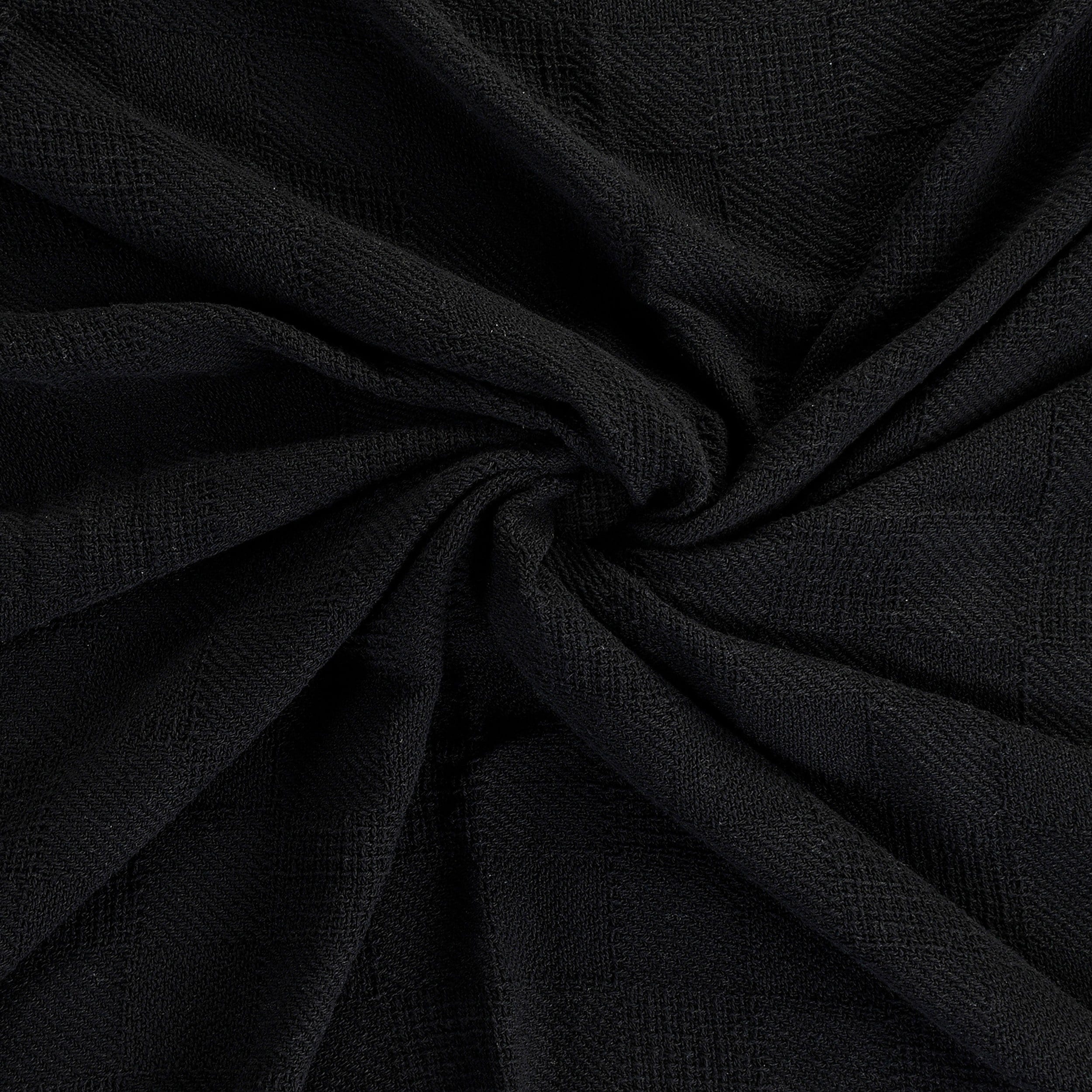 Cozy Cotton Checkered Weave Throw Blanket with Fringe - Black