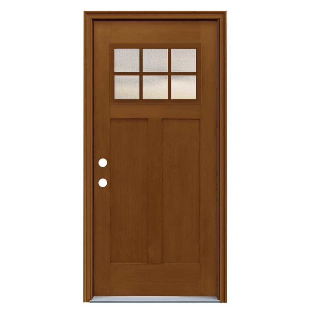 JELD-WEN LOWOLJW232200014 36-in x 80-in x 4-9/16-in Fiberglass Craftsman Right-hand inswing Mocha Stained Prehung Front Door with Brickmould Insulating core