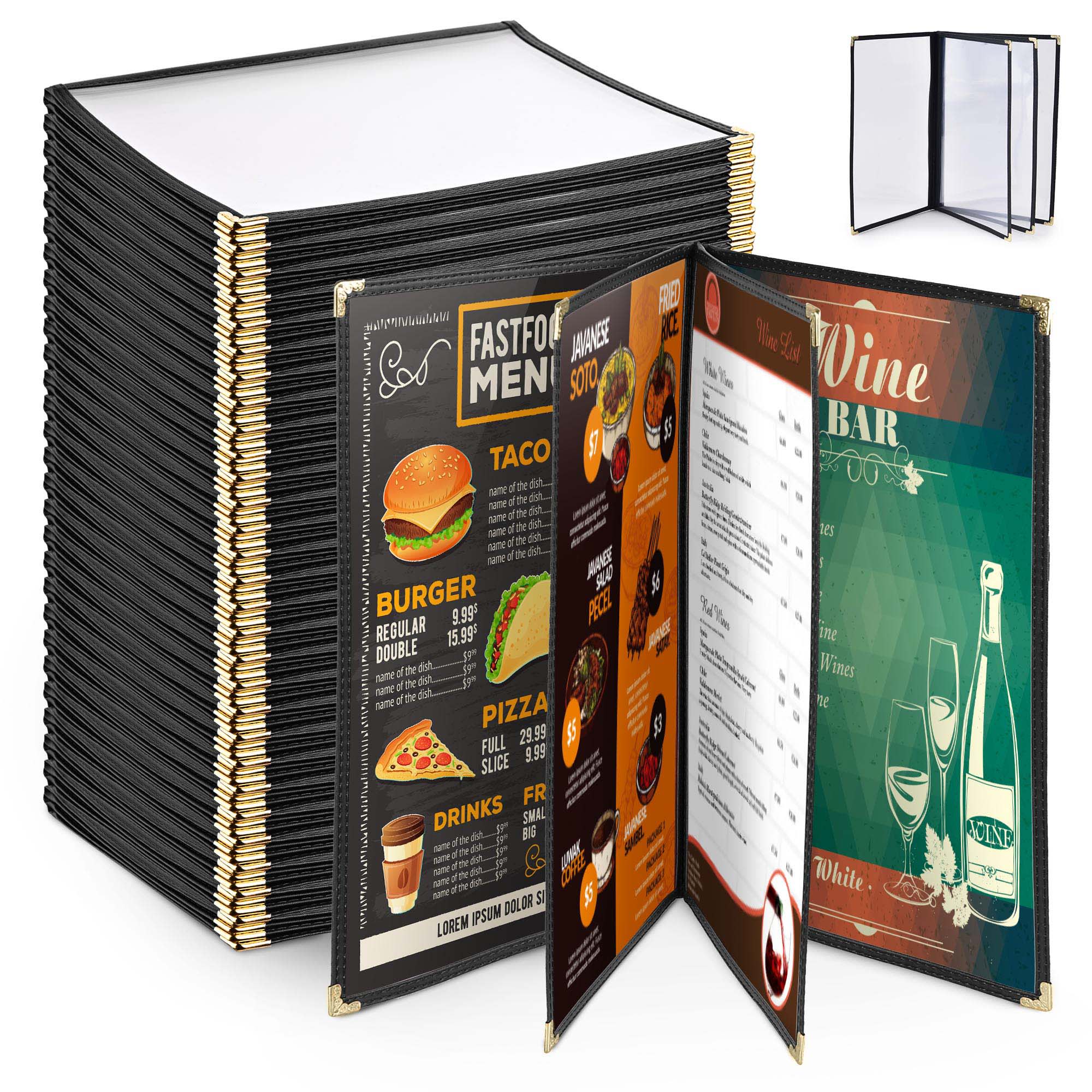 Yescom 26MNC031-814B4-06-LO Wechef 30 Pack 8.5X14IN 4 Page 8 View Menu Covers Black Trim Legal Size for Food Restaurant Cafe Bar