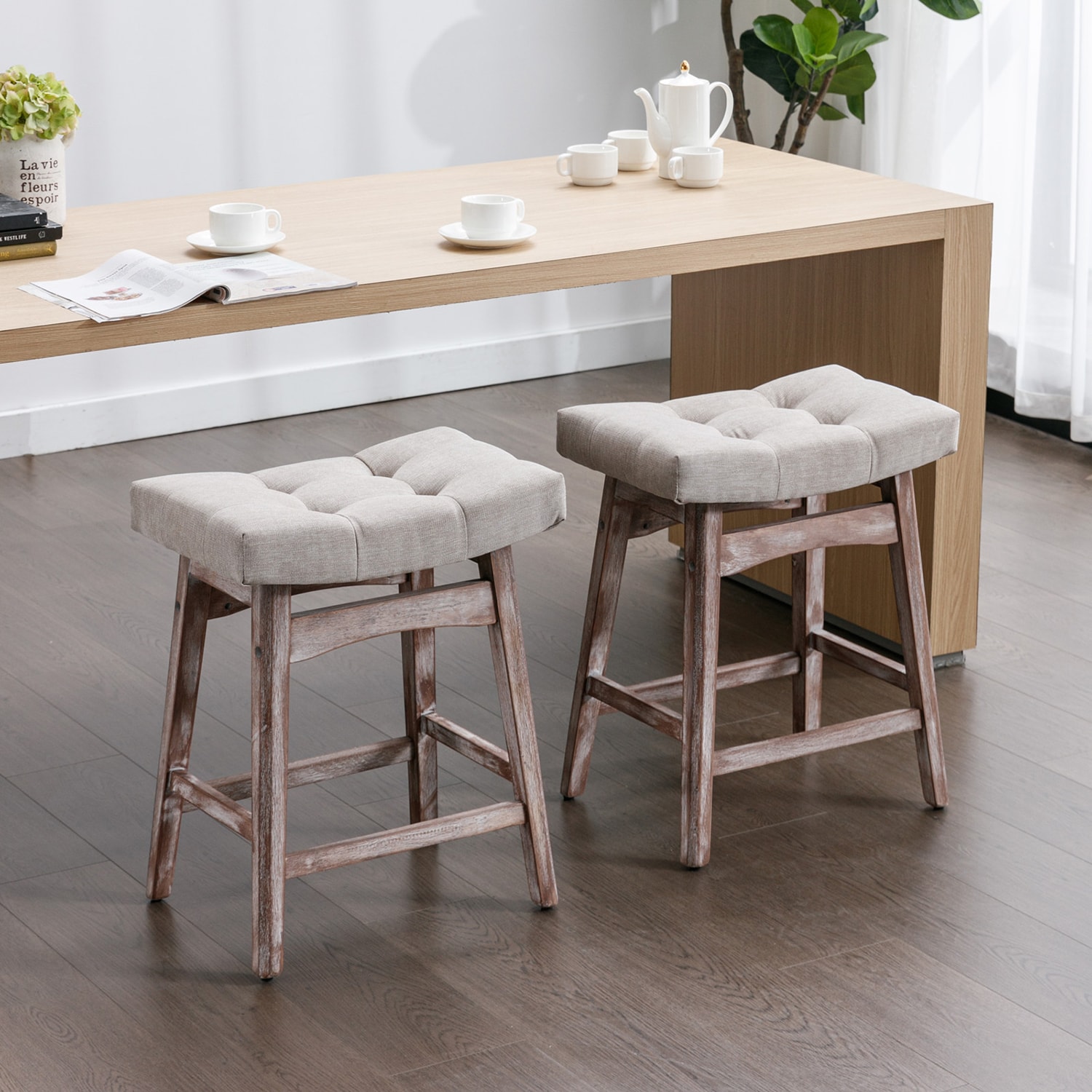 Beige leather discount counter height stools