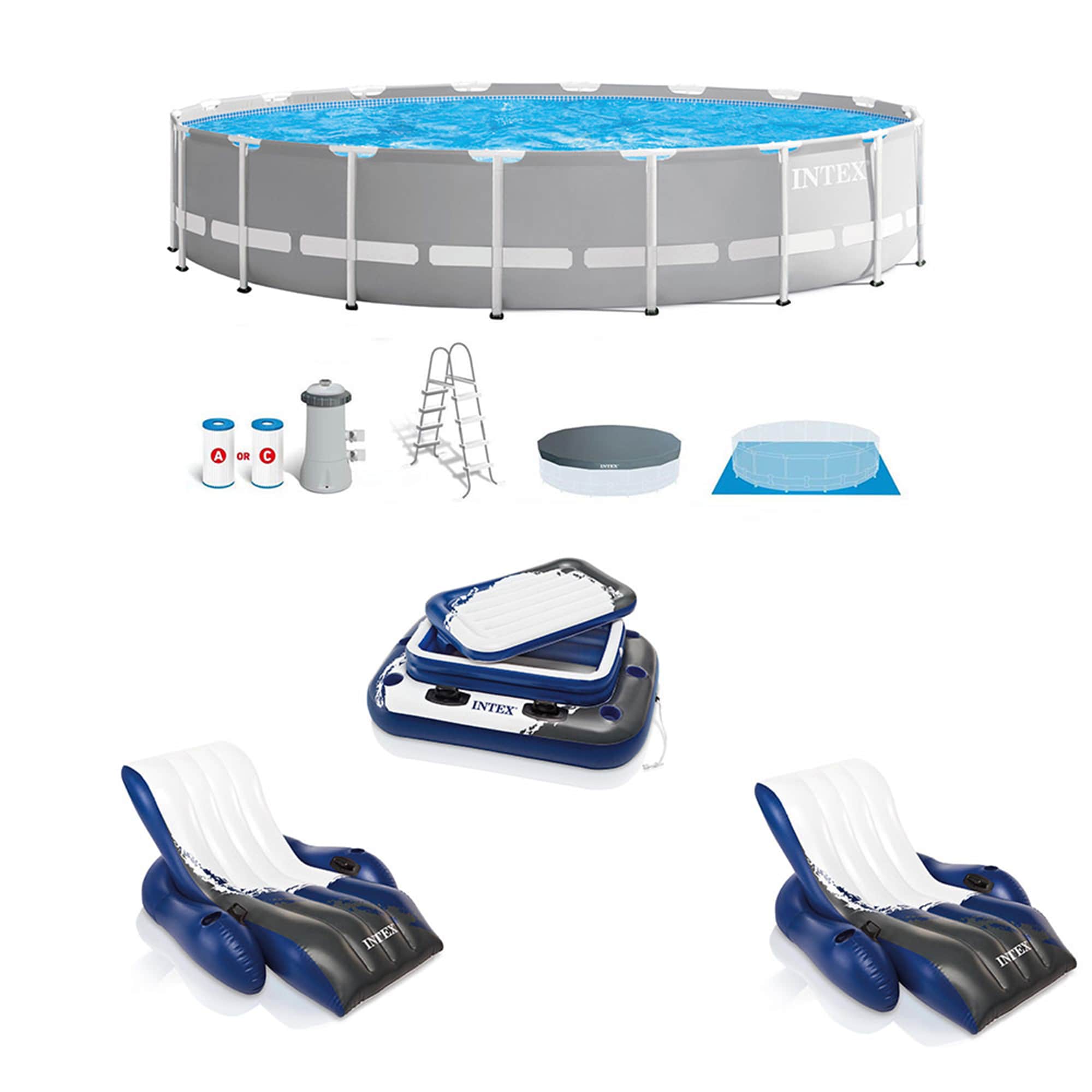 Intex 142086 18-ft x 18-ft x 42-in Steel wall panels Round Above-Ground Pool with Ground Cloth with Pool Cover with Ladder