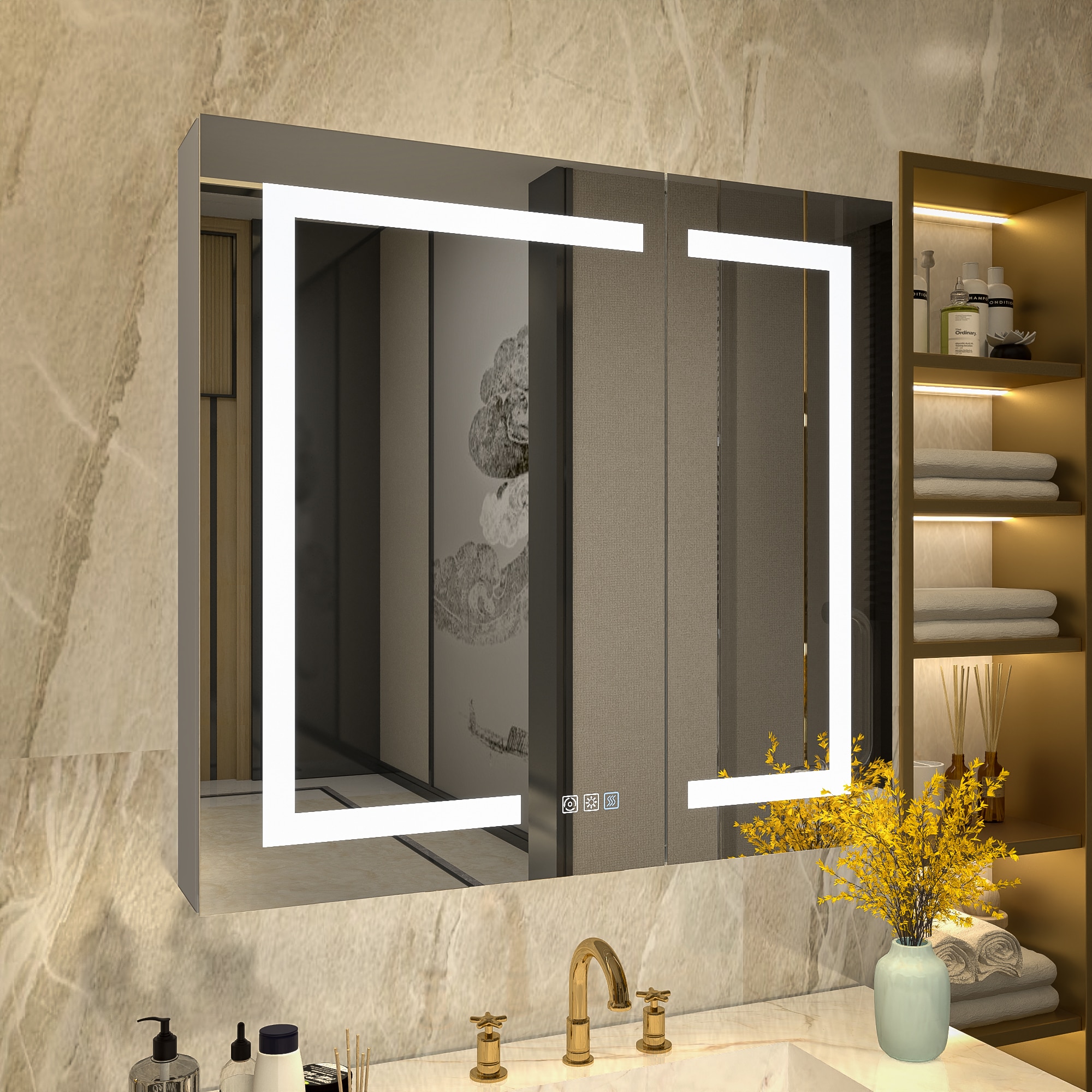 ExBrite EXMC3030V8DX Warmor 32-in x 30-in Lighted LED Fog Free Surface/Recessed Mount Sterra Silver Mirrored Rectangle Soft Close Medicine Cabinet with Outlet