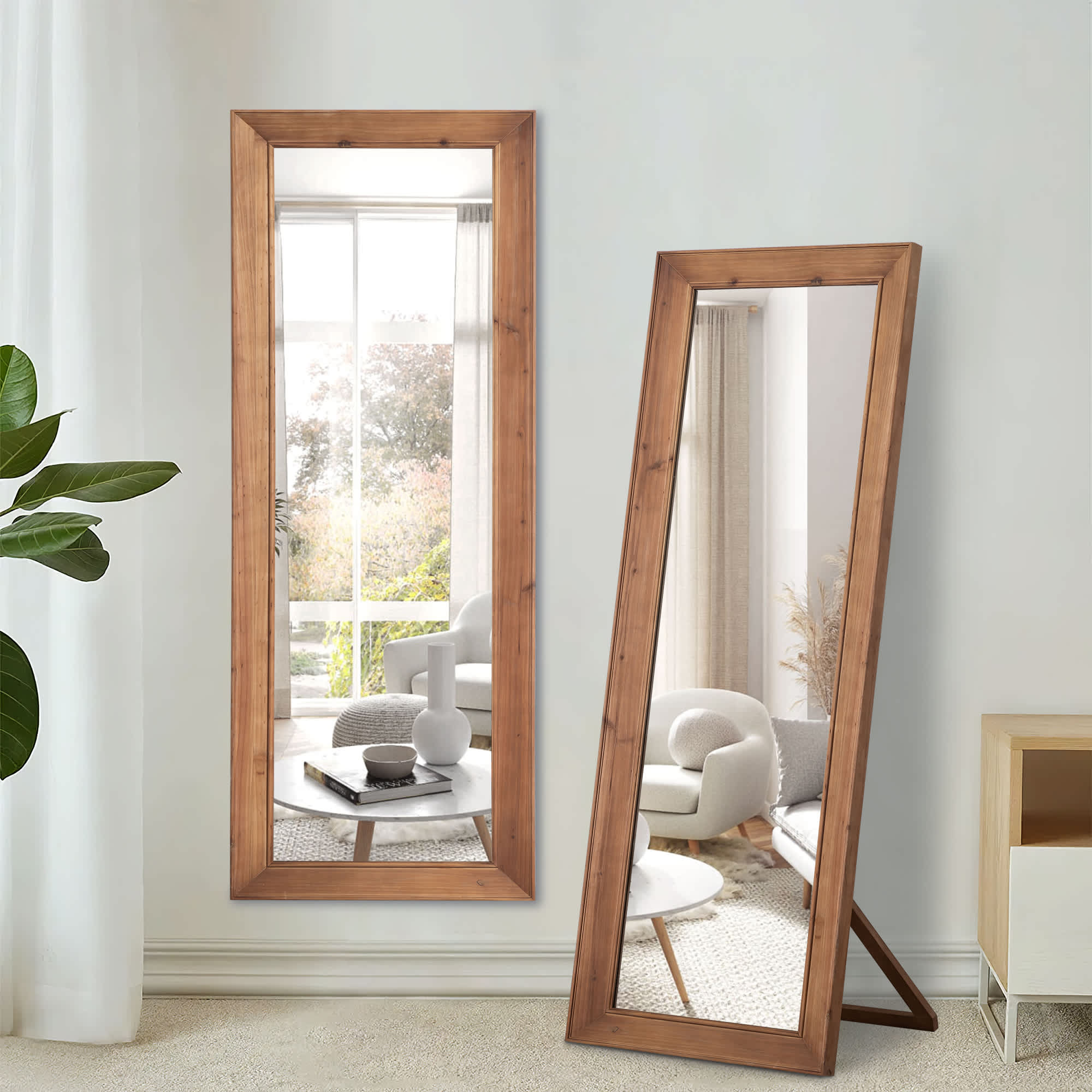 Misty Moon LW0402-S102A 64x21 inch Solid Wood Vertical Stripe Right Angled Rectangular Brown Full-length Mirror (with Bracket)