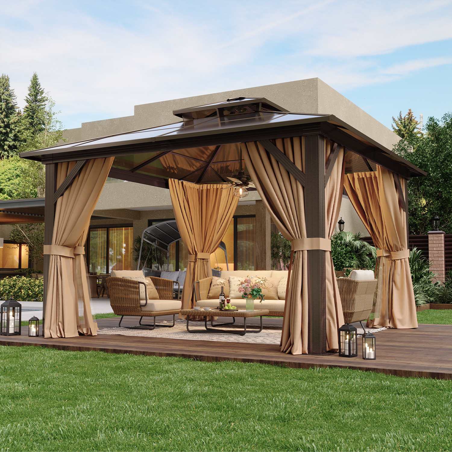 Sunmthink GBSM36R03 12x12FT Hardtop Gazebo Aluminum Frame Permanent Pavilion with Curtains and Netting Outdoor Polycarbonate Double Roof Designed for Garden Lawns Patio Brown