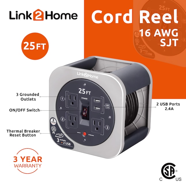LINK2HOME Link2Home Cord Reel 25-ft 16 / 3-Prong Indoor Sjt Light
