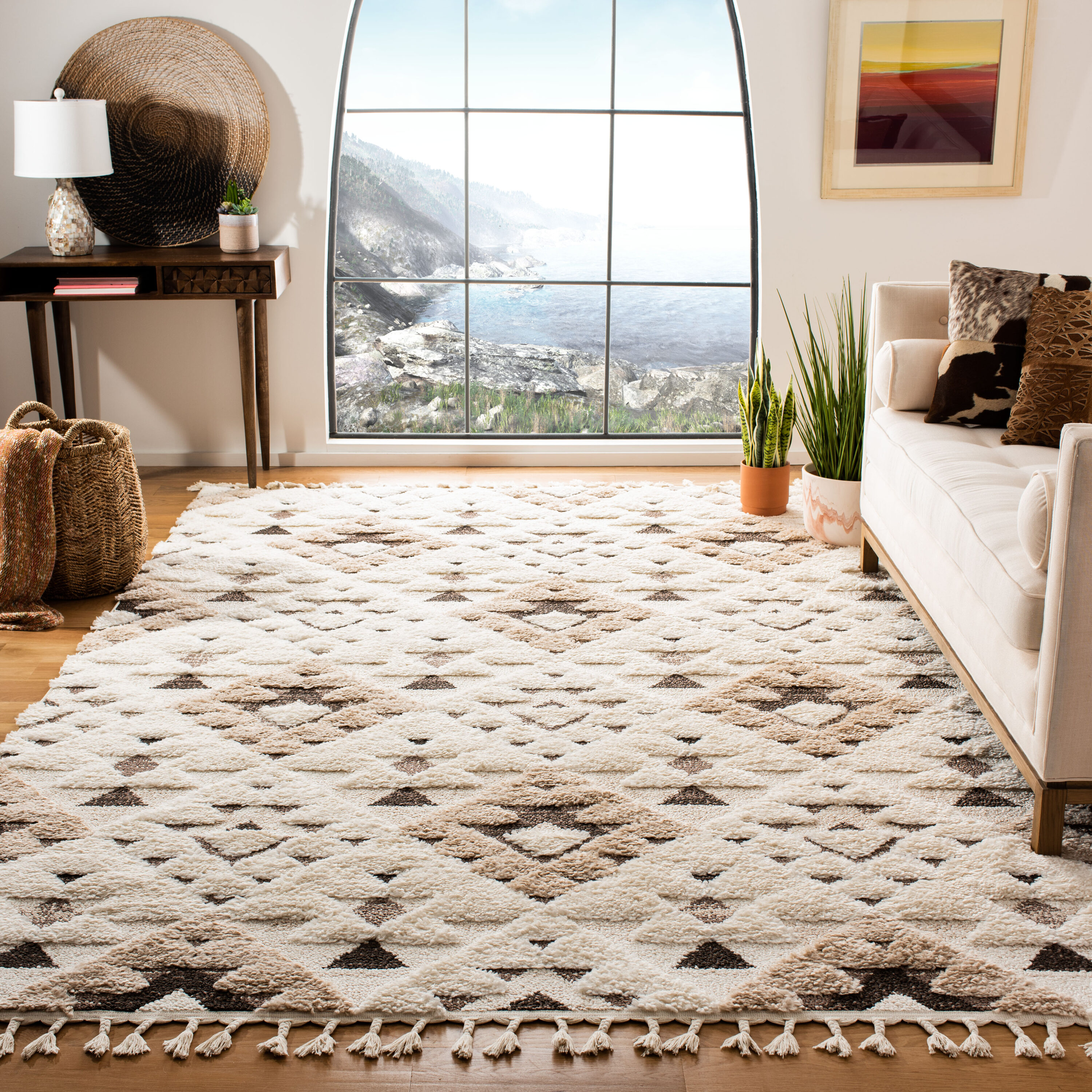 Safavieh MTS688A-6 Moroccan Tassel Shag 688A Ivory Brown Southwestern Medium Rectangle 6ft-7-in x 9ft-2-in Rug