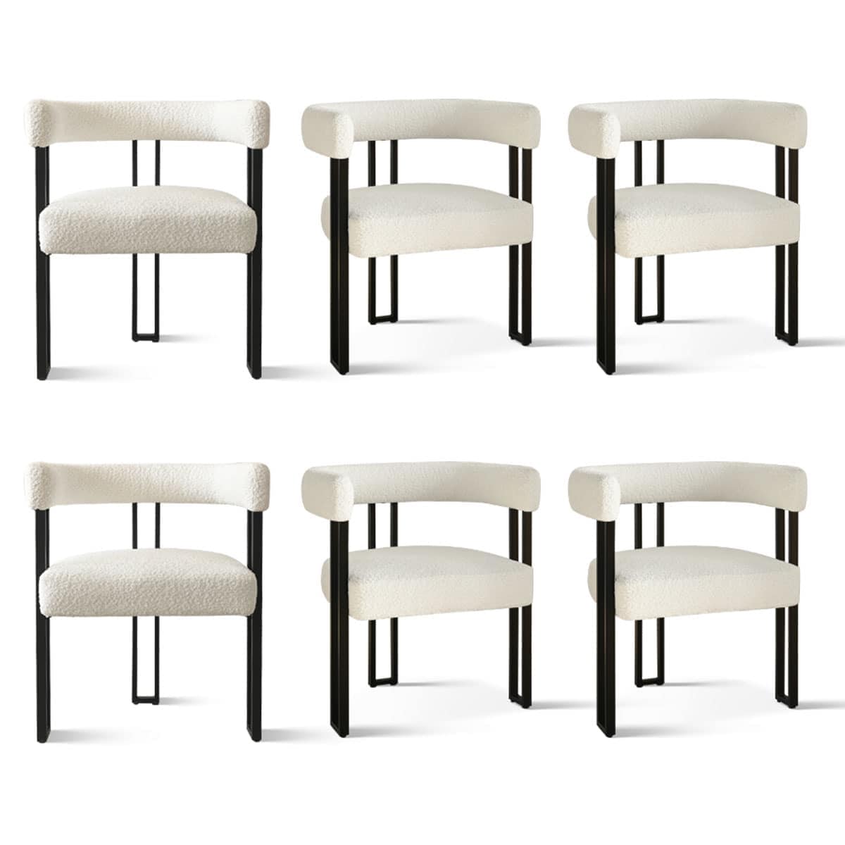 Maison Boucle MIA-BOUCLE-BEIGE6 Dining Chair Set of 6 Beige Boucle Upholstered Chairs with Armrests and Black Metal Base for Kitchen