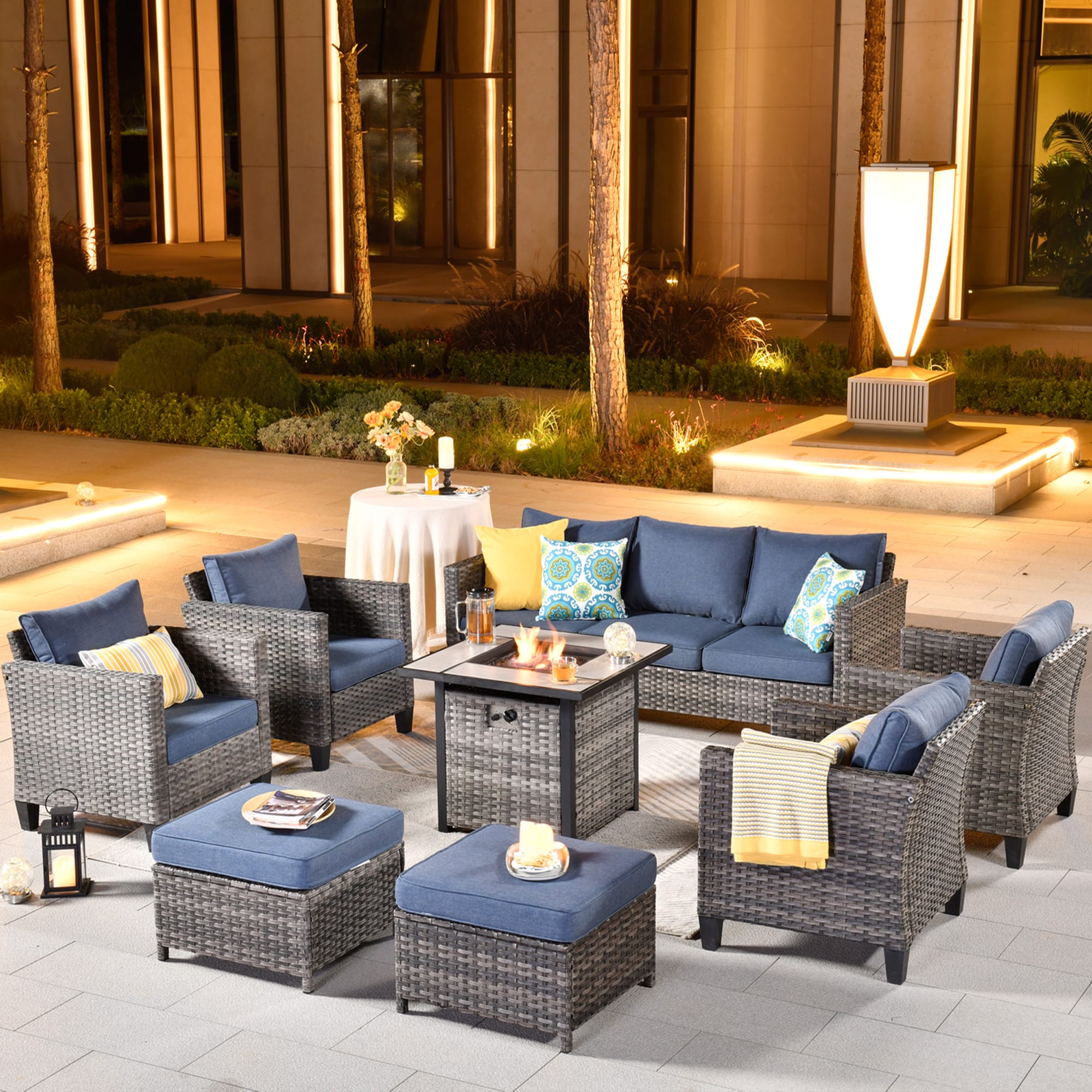Pouuin SFPGRS108 8-Piece Rattan Patio Conversation Set with Black Cushions