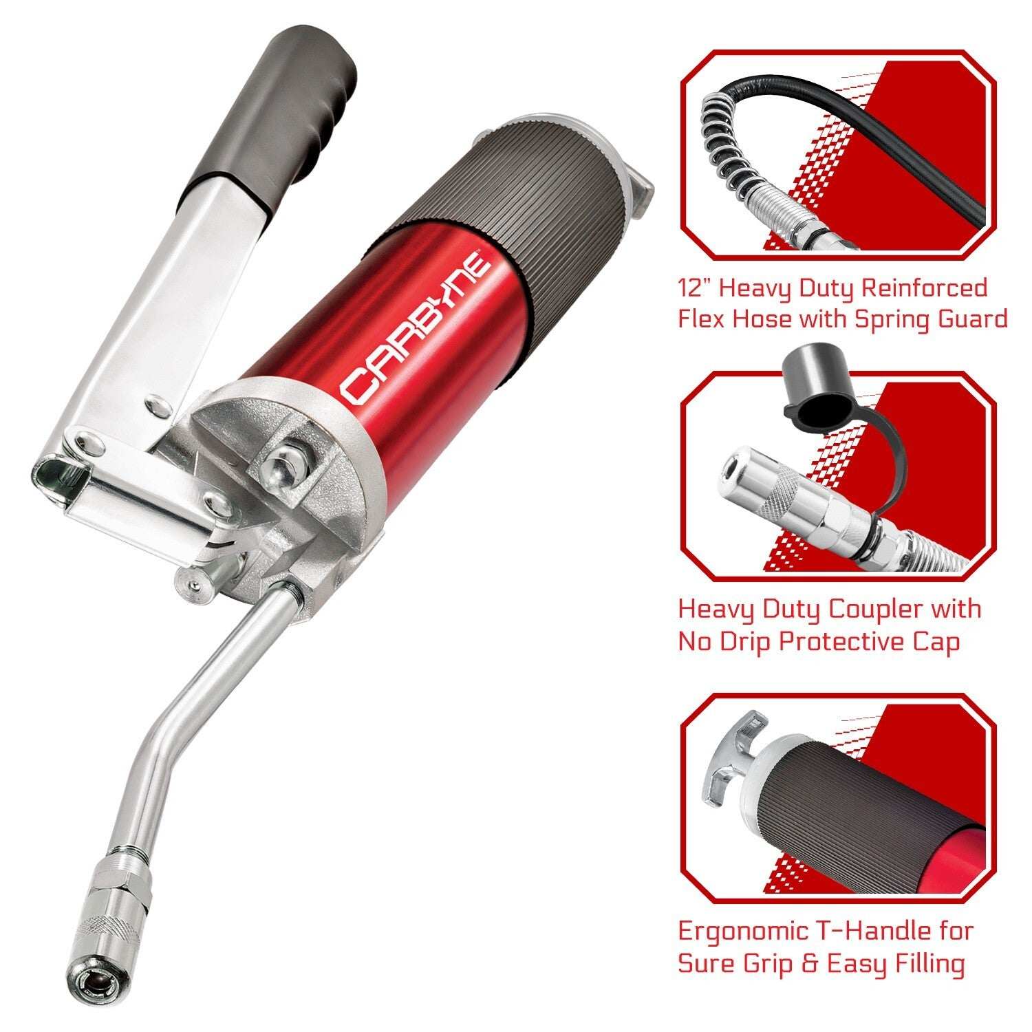 CARBYNE  Grease Gun Lever Handle Anodized Aluminum Barrel 3-Way Loading 12 in Flex Hose and 6 in Rigid Extension and Coupler for Zerk Fittings