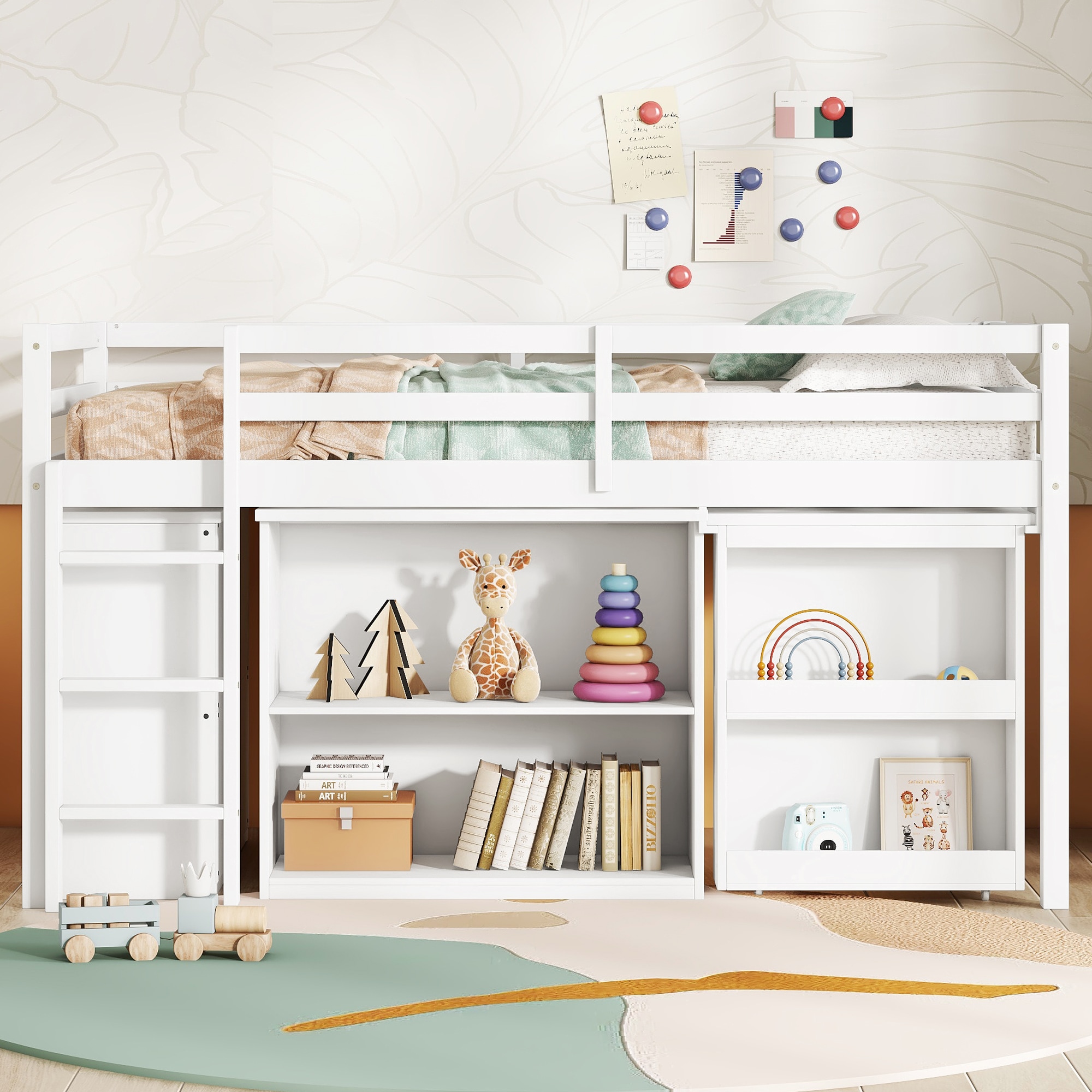 Bellemave - Twin Loft Bed with 3 Drawer Cabinet Shelf Cabinet Pull Out Desk Guardrail Ladder White