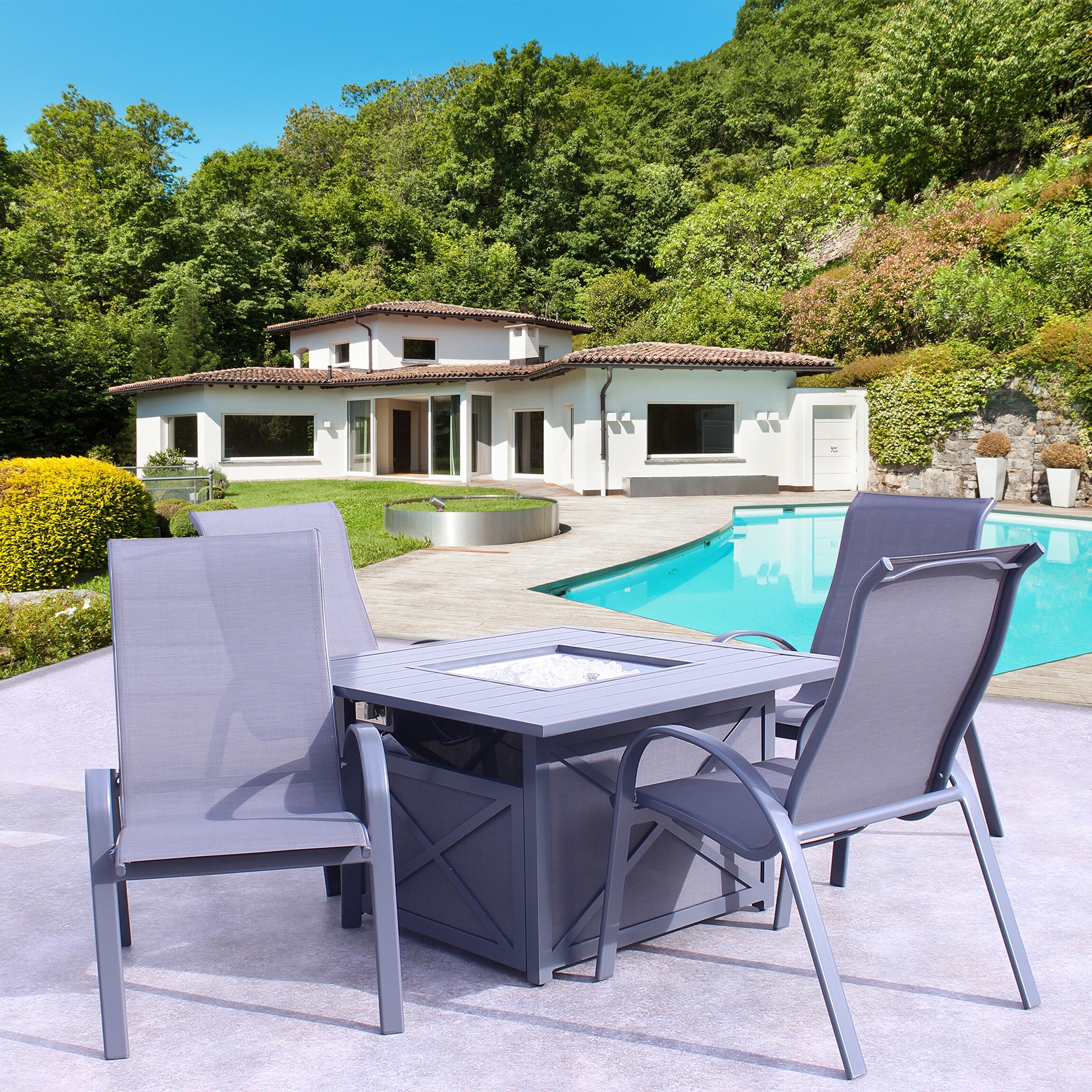 Courtyard Casual 5585 Santa Fe - Dark Gray 5 -Piece Dark Gray Patio Dining Set Aluminum Square Table with 4 Gray Stackable Stationary Chairs Fire Pit Included