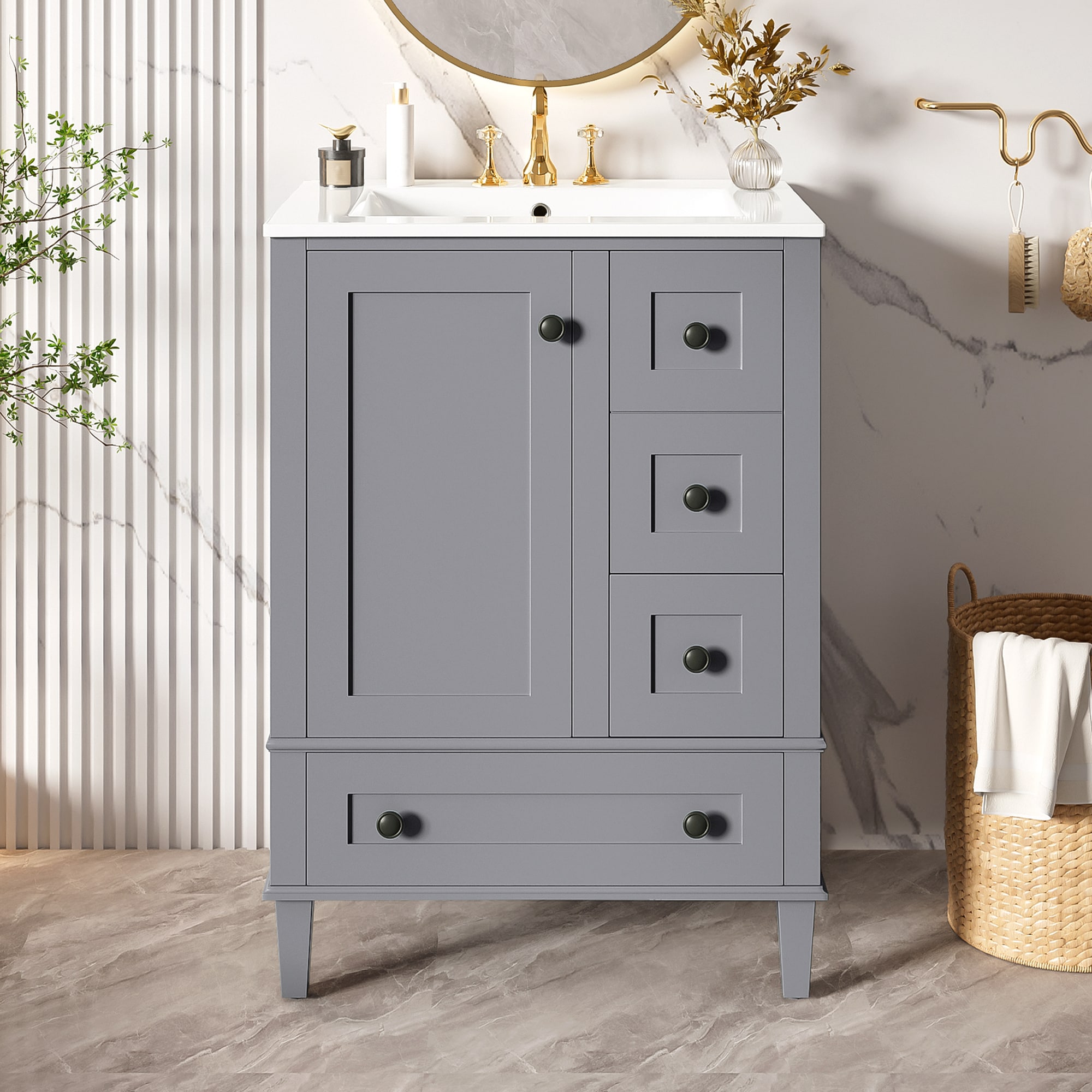 GDFStudio Stroudley Transitional Compact 24-inch Freestanding Bathroom Vanity Cabinet with Ceramic Sink and Soft-Close Door Drawers - Removable Divided Drawers and Door-Mounted 2-Layer Racks - Multifuctional Storage Space - Zinc Alloy Black Handles and Grey