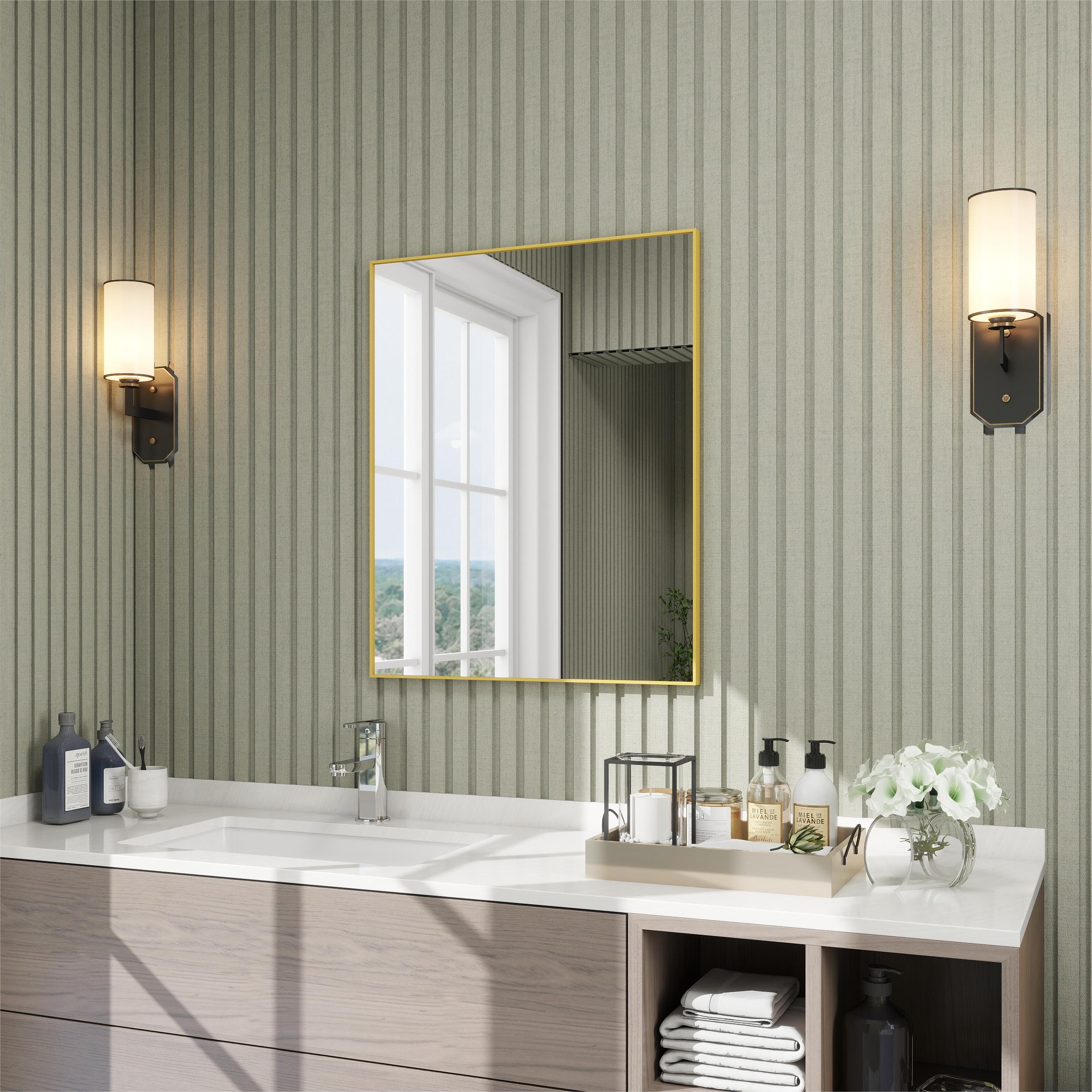 Poinic LS-PFL2430GD LMR Bathroom Decor Mirror 24-in W x 30-in H Rectangle Brushed Gold Framed Vanity Mirror