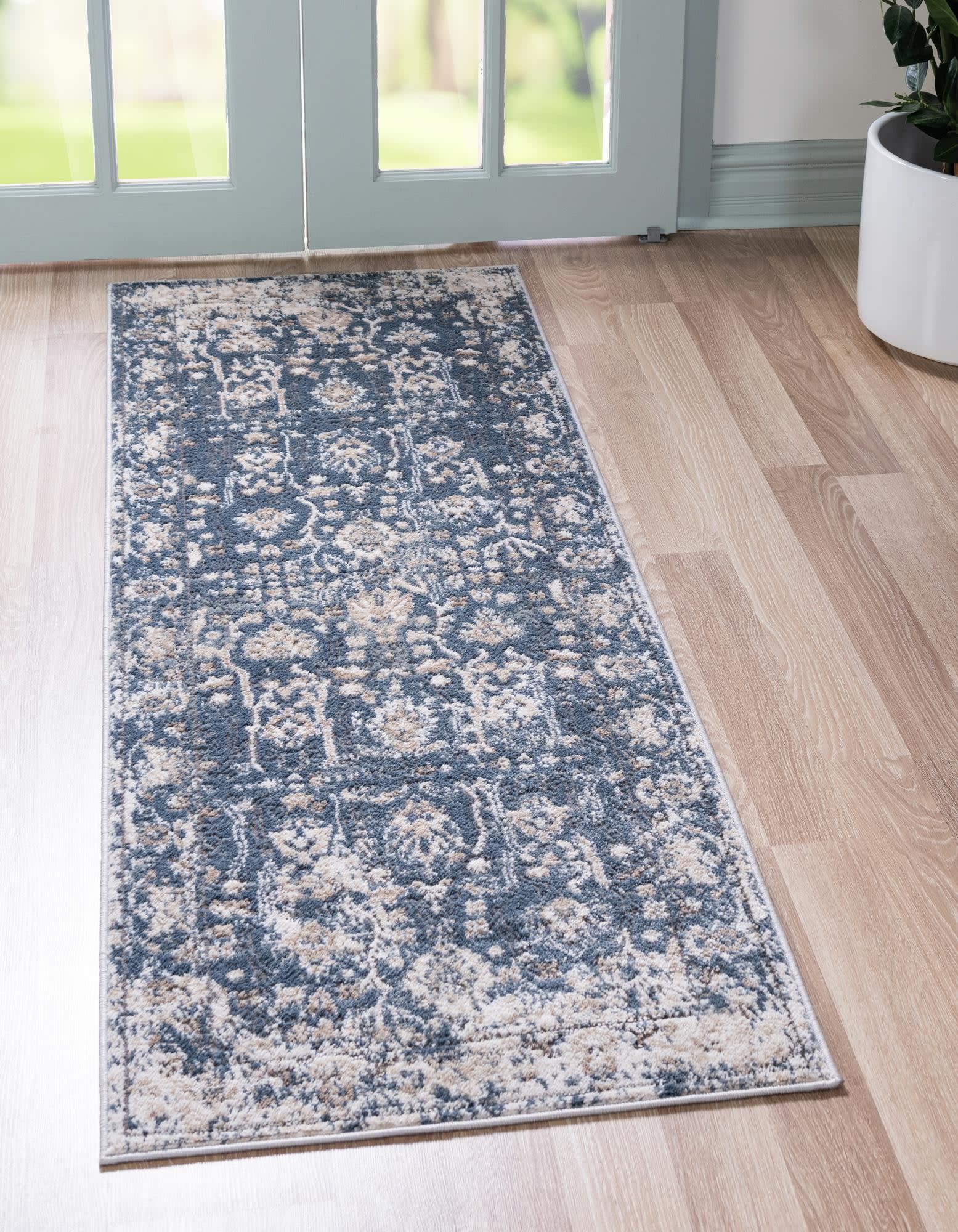 Unique Loom 3147238 Portland 2 x 12 (ft) Loomed Blue Rectangular Indoor Border Pet Friendly Runner rug