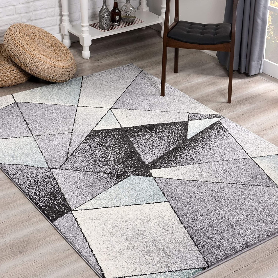 HomeRoots 4000390330 5 x 7 (ft) Rag Polyester Grey Blue Rectangular Indoor Geometric Vacuum regularly Area rug