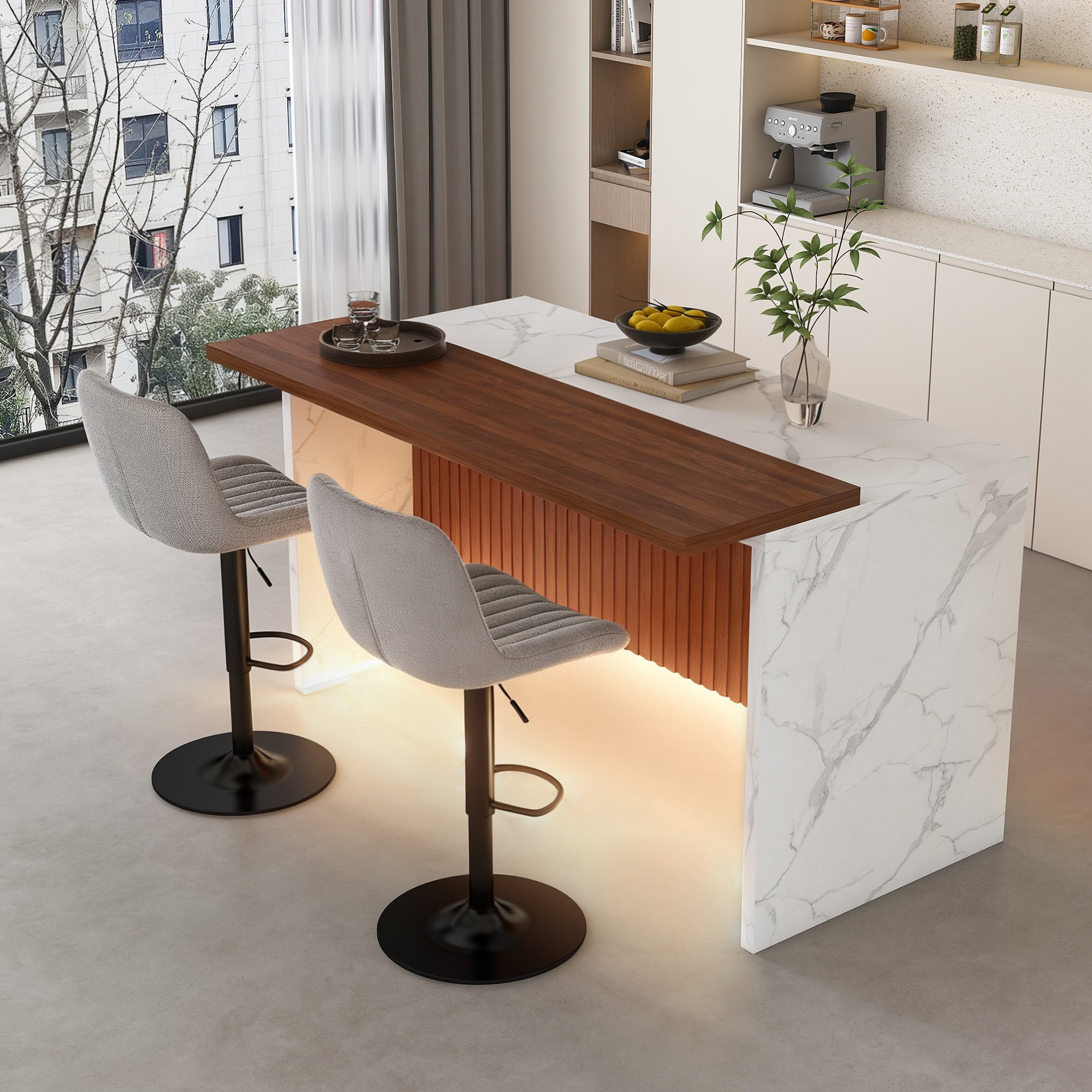 LUXEYARD 63 inch Modern Kitchen Island Set with 2 Gray Bar Stools ...