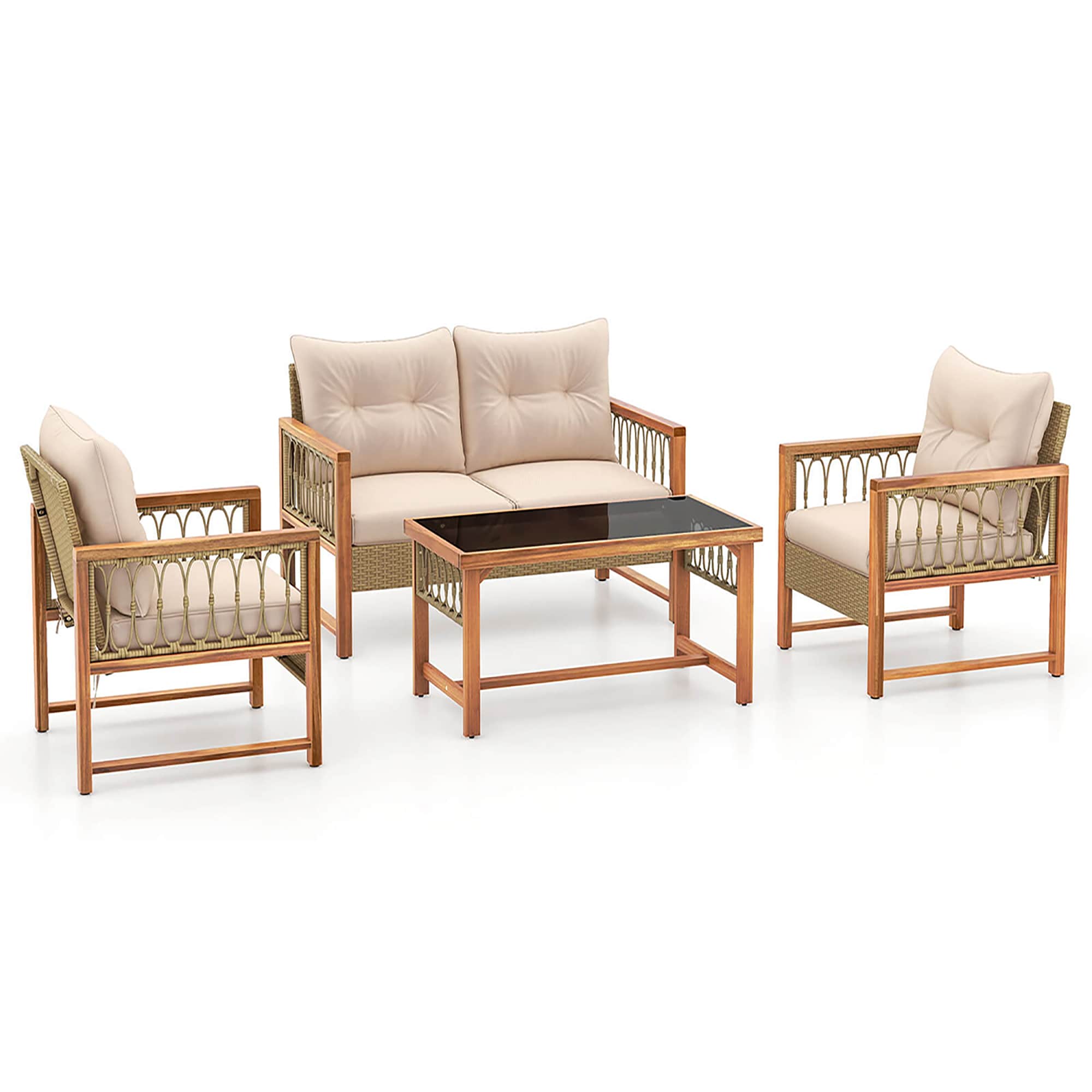 Costway HCST03860 4 -Piece Rattan Patio Conversation Set with Beige Cushions